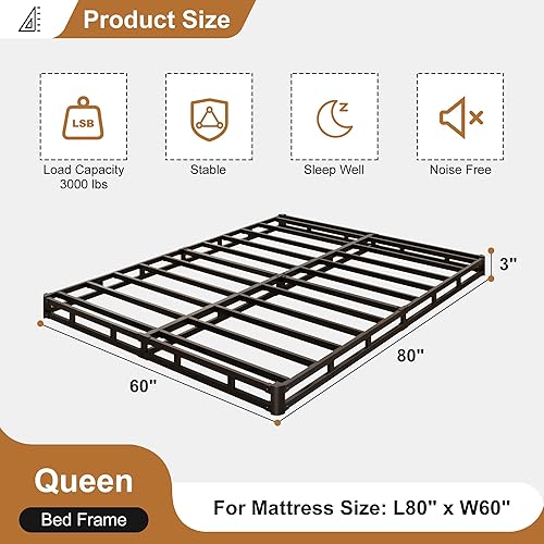 Miniatura 2 de Somier de 3 pulgadas de perfil bajo para cama Queen, somier metálico resistente para base de cama Queen con cubierta de tela, base de colchón, sin 3