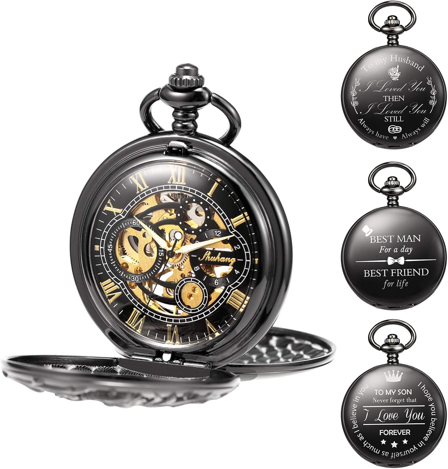 TREEWETO Mechanical Personalized Engraved Lucky Dragon Pocket Watch Skeleton Double Cover Roman Numerals Dial Personalized Gift for Men Dad Son