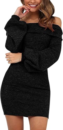 Miniatura 2 de olinase Vestido de punto de manga larga con hombros descubiertos, estilo bodycon elegante