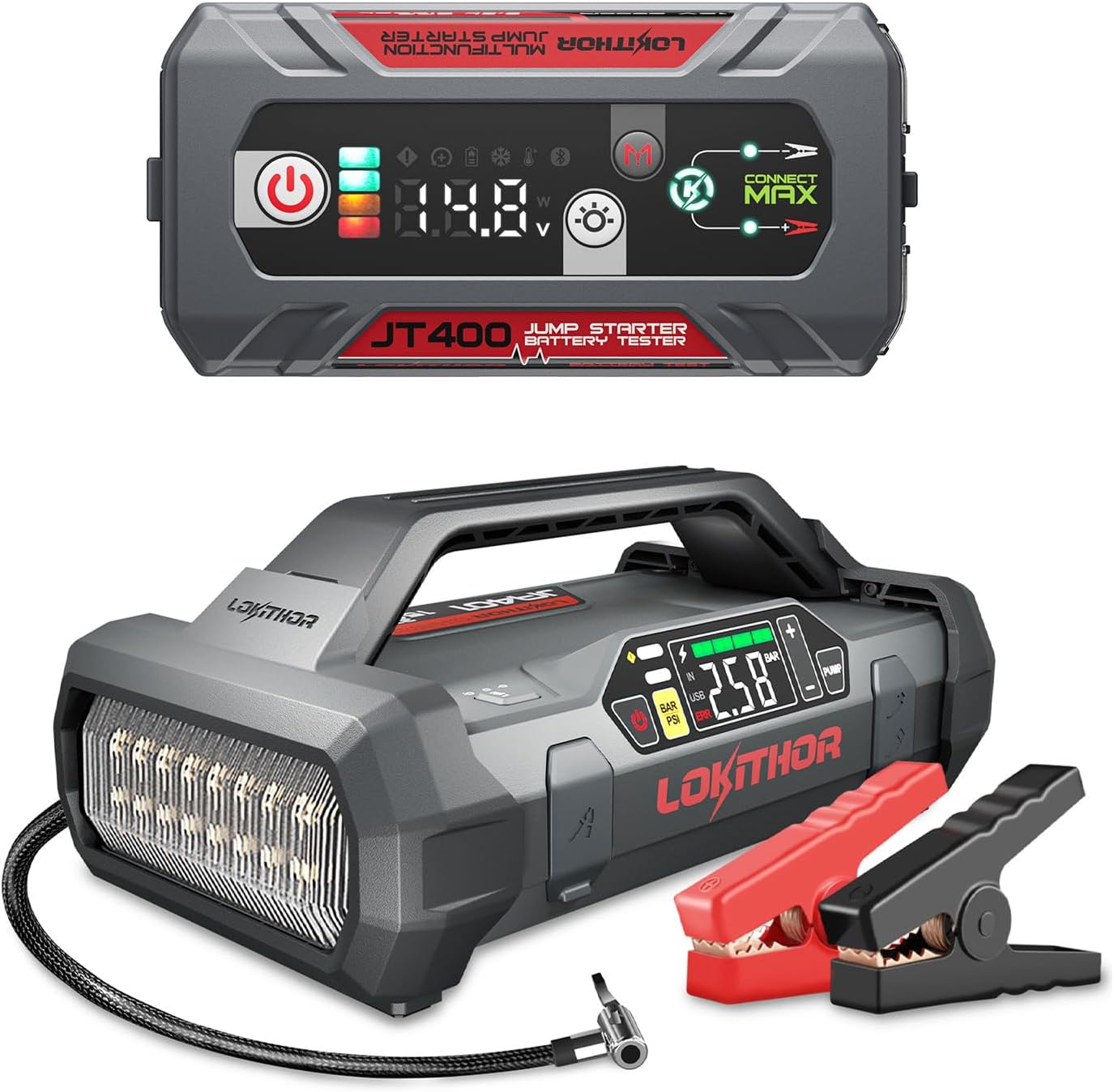 LOKITHOR JT400 2500A Jump Starter and JA401 3750A Jump Starter with Air Compressor, 60W Two-Way Fast Charing