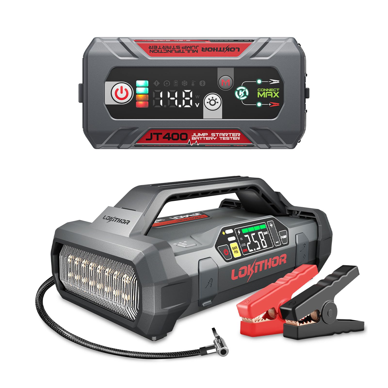 LOKITHOR JT400 2500A Jump Starter and JA401 3750A Jump Starter with Air Compressor 60W Two-Way Fast Charing