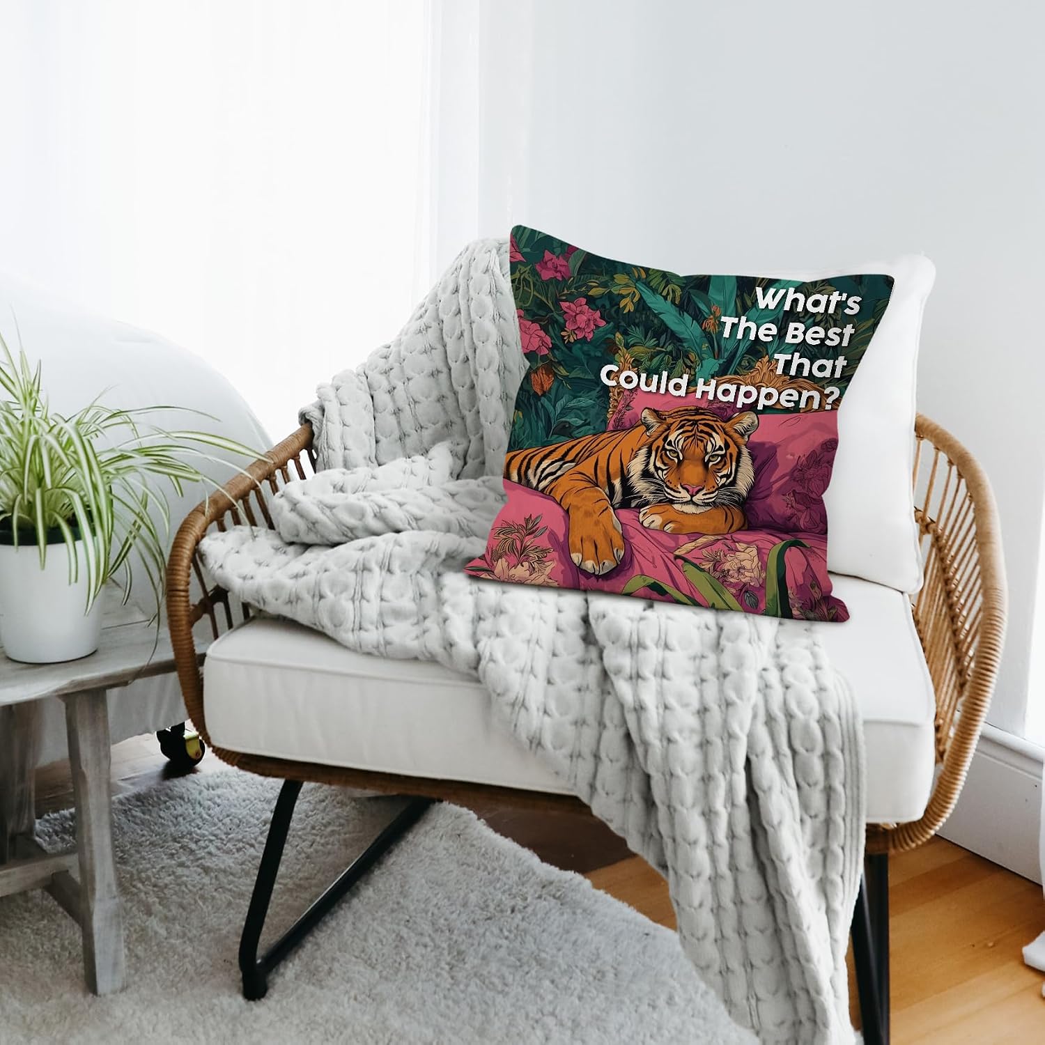 Trendy Retro Maximalist Tiger Decorative Throw Pillow Cover, Inspirational Gifts for Women, What's the Best that Could Happen Pillow Covers for Girls Bedroom Room Bed Sofa Decor, 18x18 Inch image 2