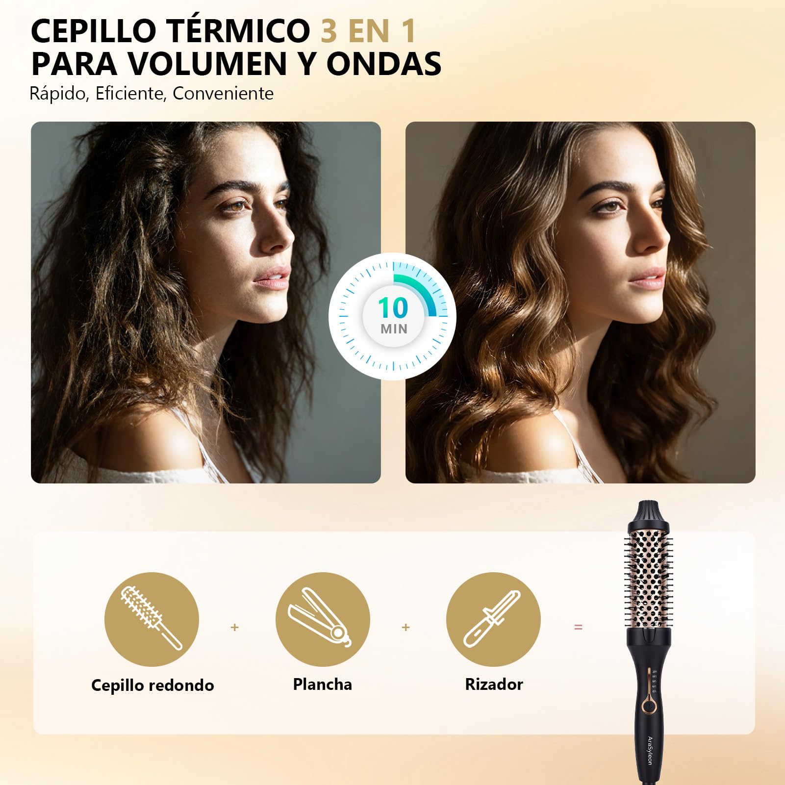 AraSylen Cepillo Térmico con Tecnología de Iones | Cepillo Eléctrico para el Pelo | 38mm, 5 Niveles de Temperatura (120-200°C) | Cerámica-Turmalina, Calentamiento en 30s | Cepillo Redondo Eléctrico