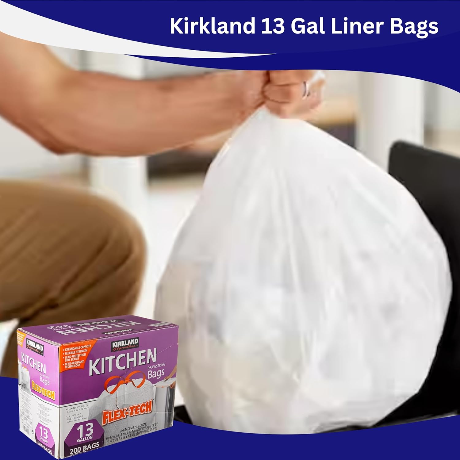 Worldwide Nutrition Bundle Compatible with Kirkland Signature Flex-Tech 13 Gallon Kitchen Garbage Bags with Drawstring Closure - 200 Count Pack of Tall Trash Bags for Kitchen with Keychain
