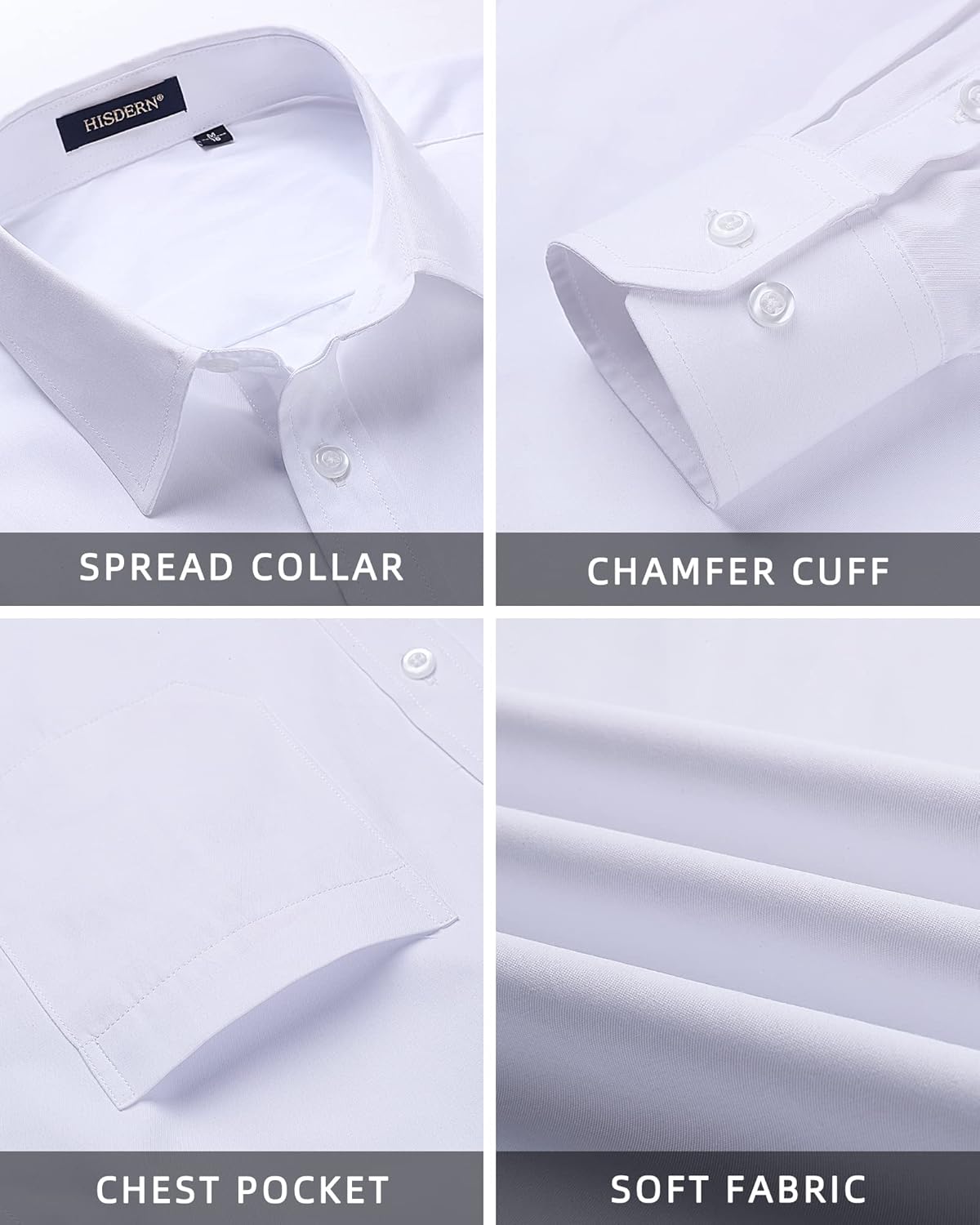 HISDERN Mens Business Dress Shirts Long Sleeve Casual Button Down Shirt Formal Inner Collar Contrast Shirt for Men Wedding