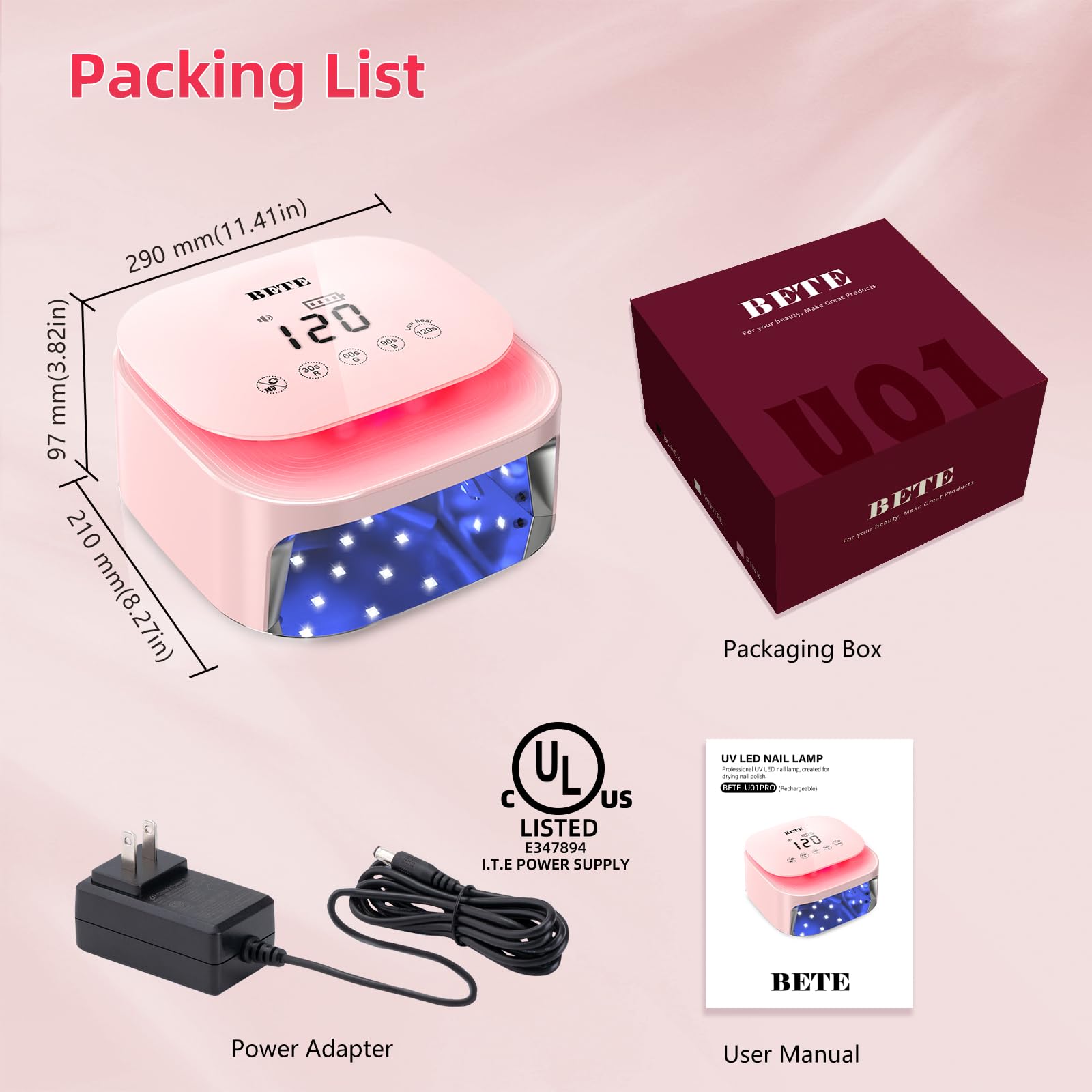 Lampade UV LED wireless BETE 60W - Asciugatore per smalto gel ricaricabile con sensore automatico, 30 perle e 4 regolazioni del timer portatile per uso domestico/salon Rosa