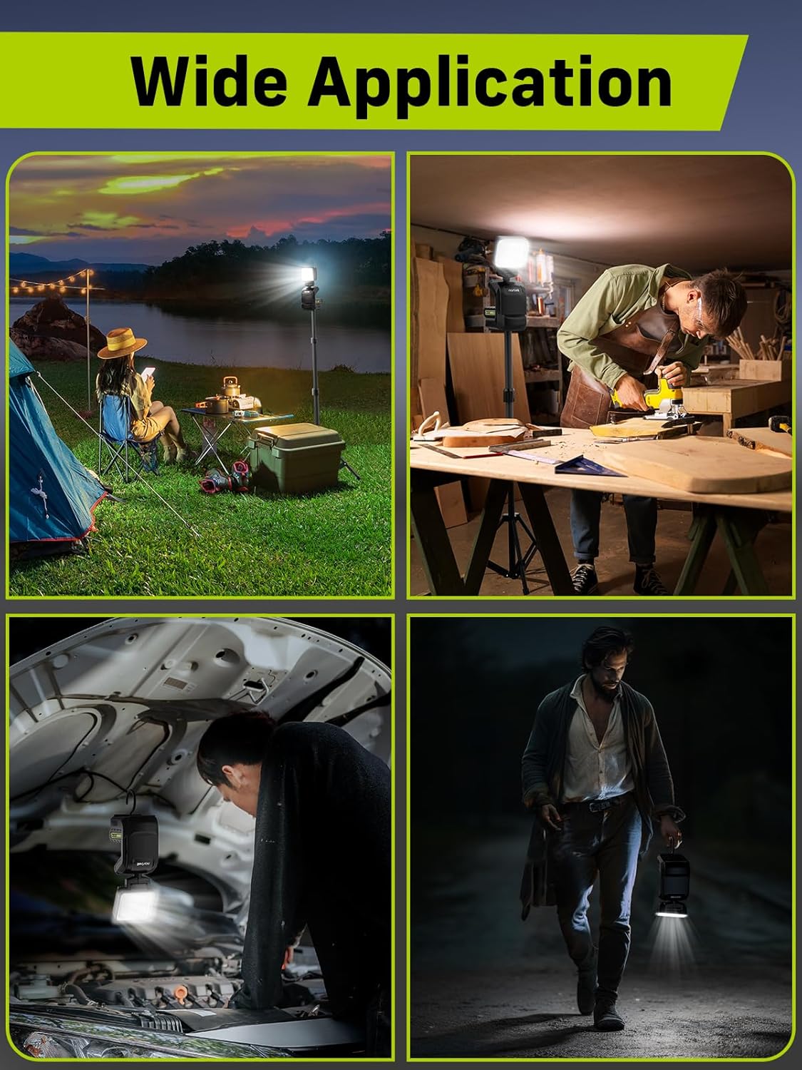 Rechargeable Cordless LED Work Light with Stand,1500/3000LM,AC&DC Working Mode, 2 Ah Battery, USB&Type-C Charging Port, 4000/6500K Dimmable Led Work Light Kit for Garage Workshop Camping