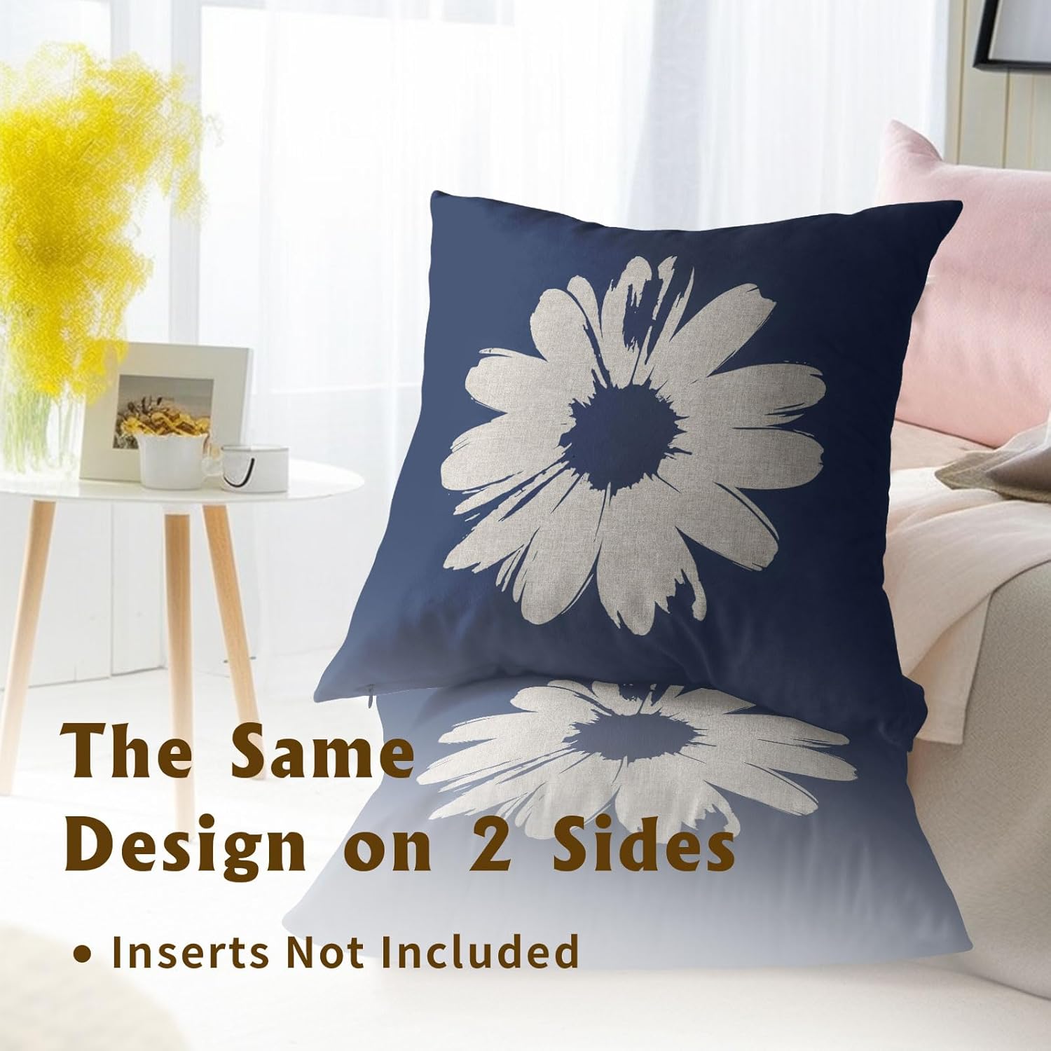 Navy Blue White Daisy Pillow Covers 18X18 Inch Spring Summer Flower Decorative Throw Pillows Set of 2 Outdoor Modern Art Pillowcase Cushion Case for Home Sofa Bedroom Porch - Image 5