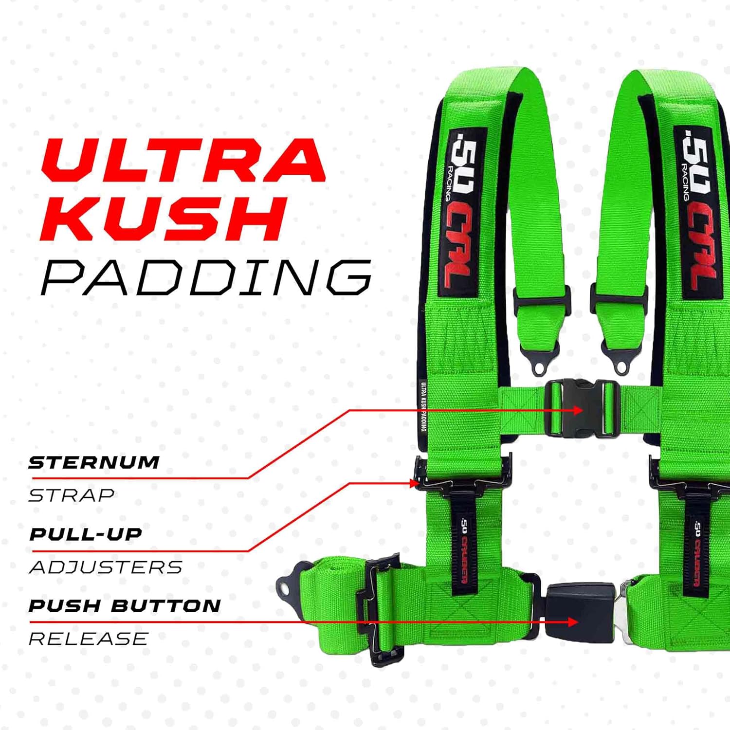 1pc 4 Point Harness for Bucket Seat, Push Release, 10 Color Options, Racing Harness, Race Car, Off Road, UTV, RZR (Green, 3 inch)