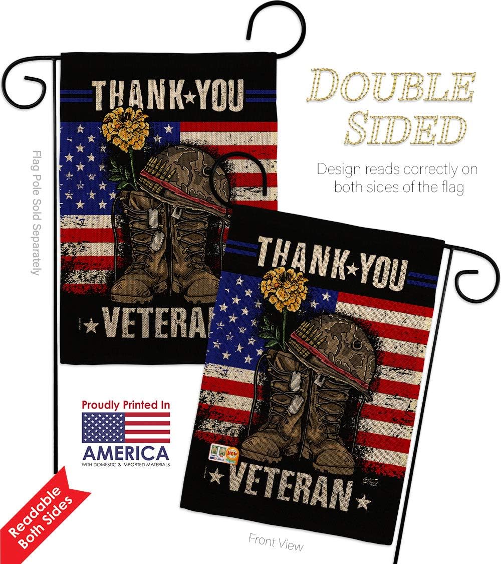 Thank you Veteran Burlap Garden Flag - 2pcs Pack Armed Forces Service All Branches Support Honor United State American Military Official - House Banner Small Yard Gift Double-Sided 13 X 18.5
