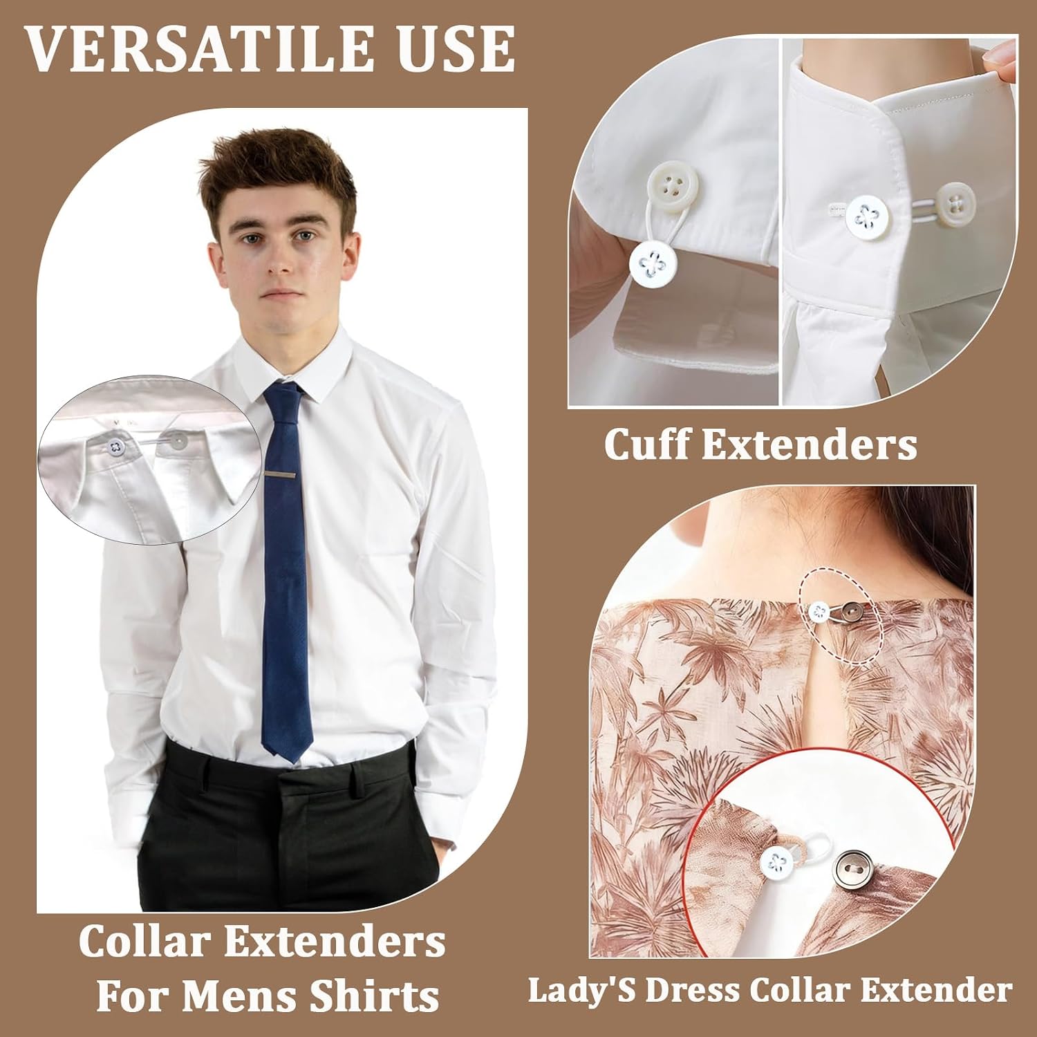 9PCS Collar Extenders for Mens Shirts, Button Extender for Dress Shirts Neck Extender Soft Elastic Collar Button Extenders Relief Tight(White)