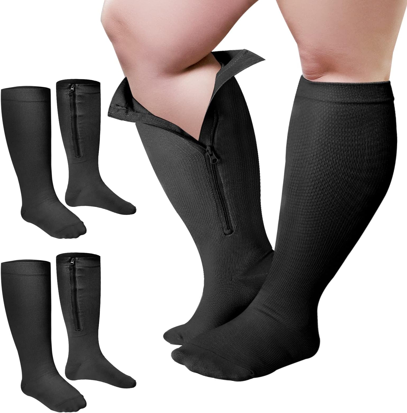 2 Pair 15 - 25 Mmhg Wide Plus Size Calf Zipper Compression Socks for Women Men
