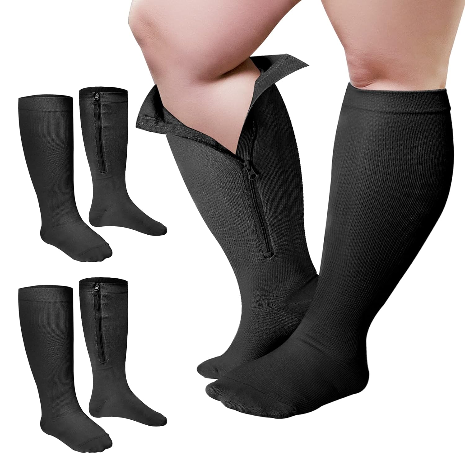 Hillban 2 Pair 15 - 25 Mmhg Wide Plus Size Calf Zipper Compression Socks for Overweight Women