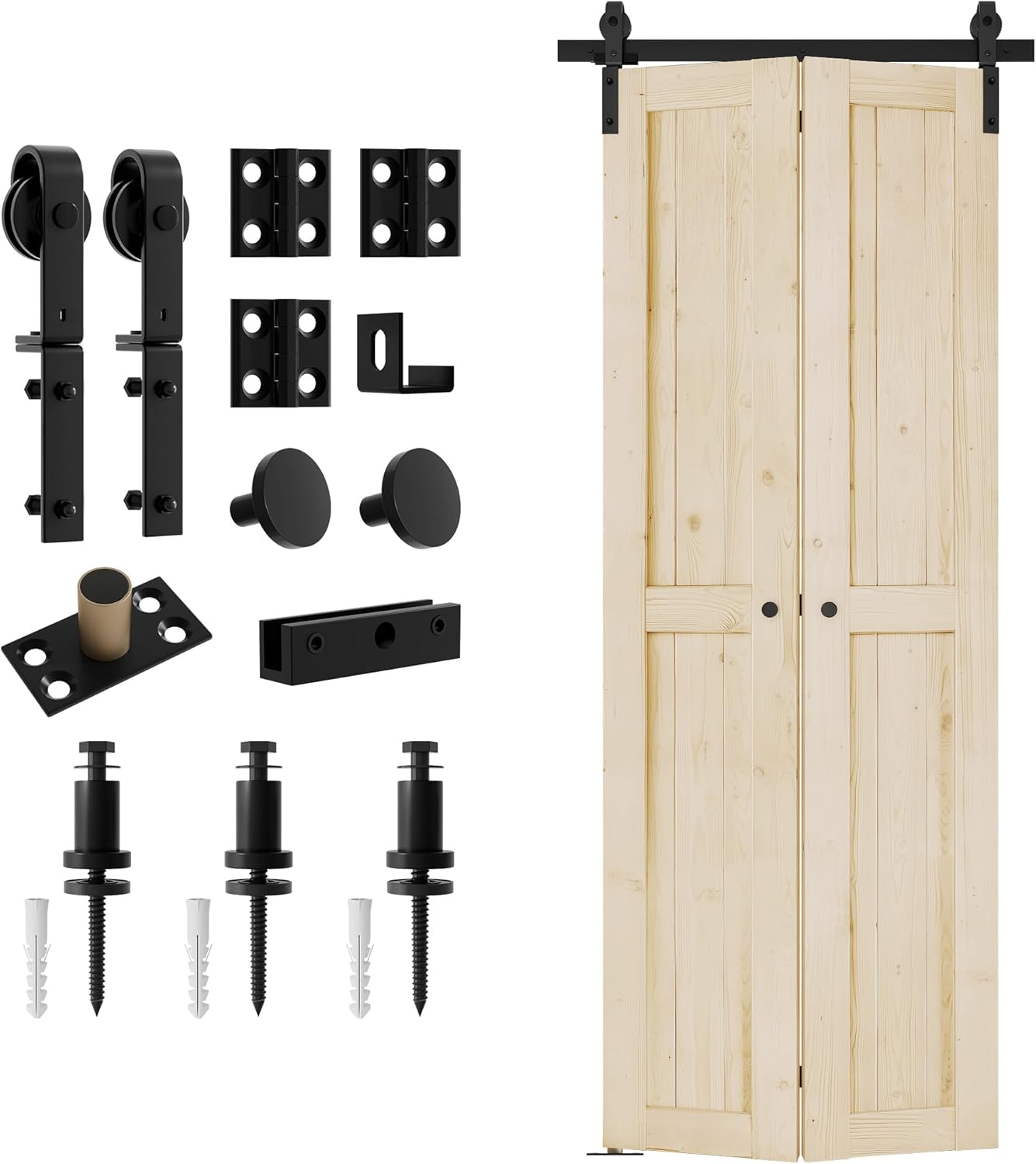 DonYoung 36'' x 84'' Bi-Fold Barn Door with Sliding Hardware Kit Set, 2 x 18in Door Panel with One-Piece 40'' Track, Pre-Drilled Bi-Folding Barn Wood Slab - Ready for Painting, Natural Spruce