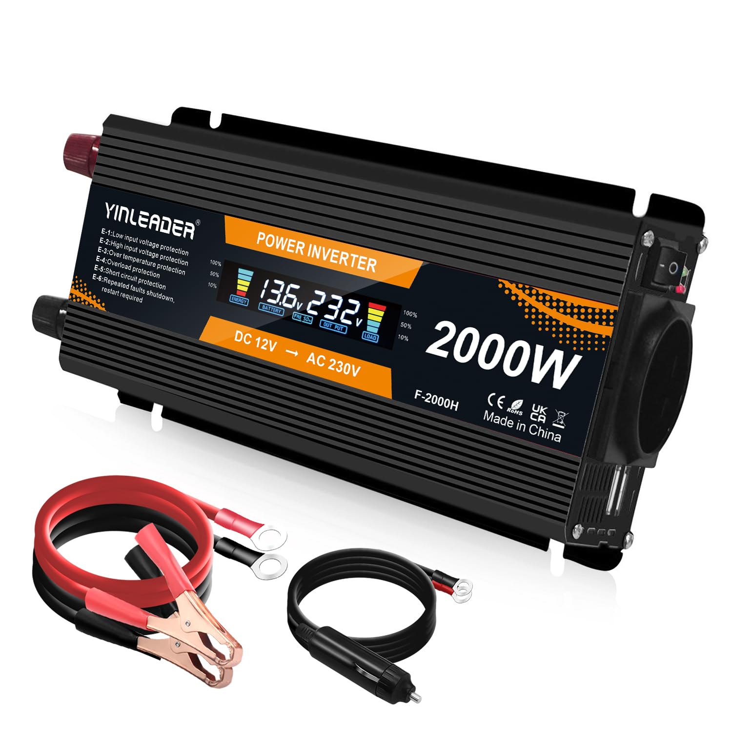 Yinleader inverter 12v 220v Onda sinusoidale modificata Convertitore 900W 2000W trasformatore di tensione LCD USB - Nero