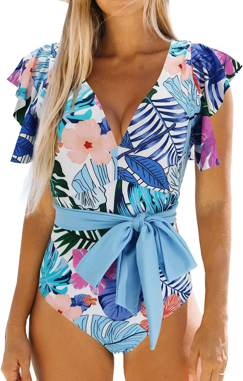 Binlowis V Neck Ruffle One Piece Swimsuit Ladies Floral Print Sexy Belt Bathing Suit Tie Back Swimwear(Print2040,M)