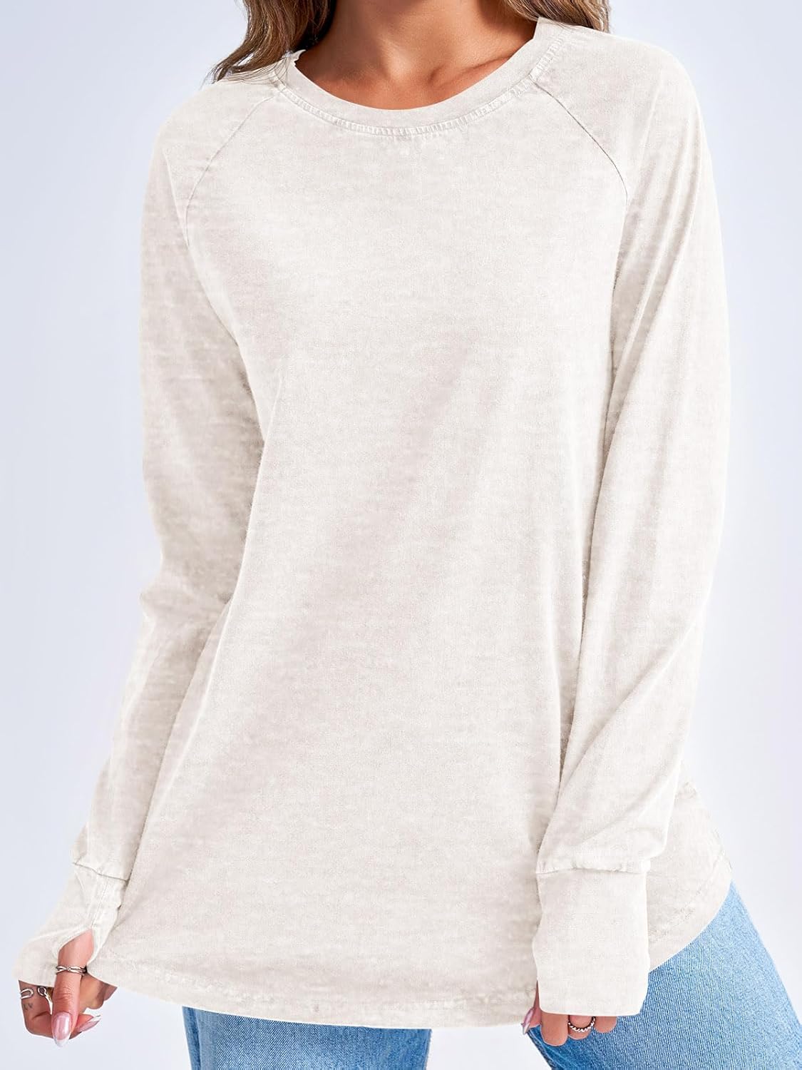 Tankaneo Womens Oversized Long Sleeve Shirts Vintage Washed Casual Loose Fit Tunic Tops with Thumb Holes - Image 3