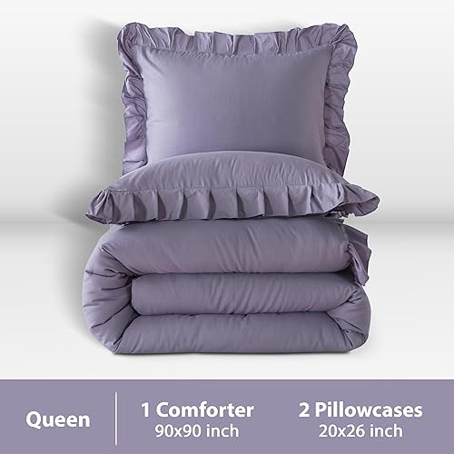 Miniatura 5 de Andency Juego de edredón tamaño Queen de color morado lavanda grisáceo, juego de edredón de 3 piezas con volantes sólidos para cama Queen, juego de