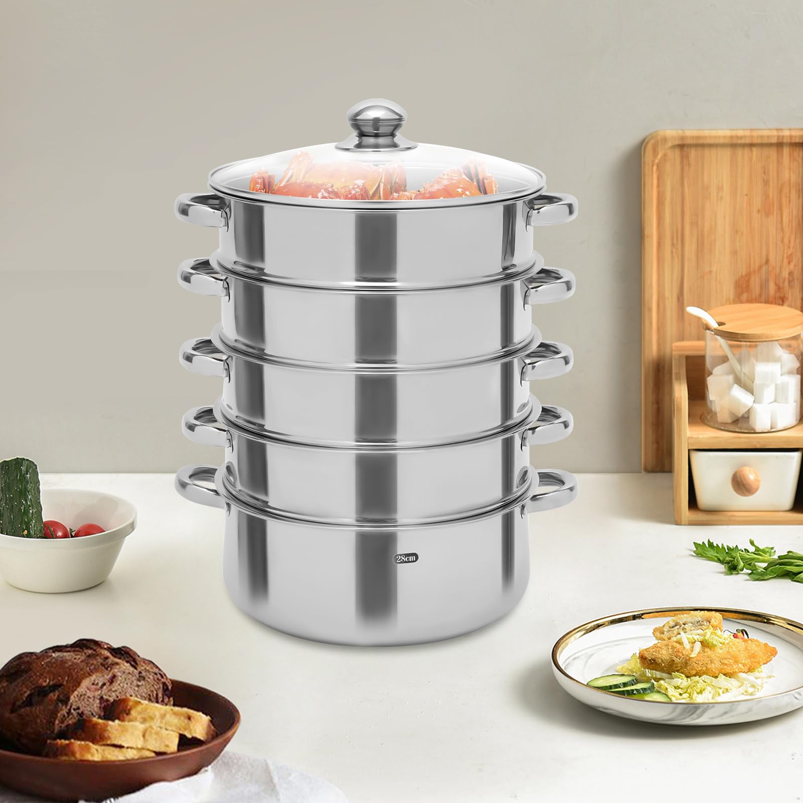 Roestvrijstalen stoompan, 5-laags stoomkoker, kookpan, stoomkoker met glazen deksel, aardappelstamper, multifunctionele pan, kookgerei (28 cm diameter