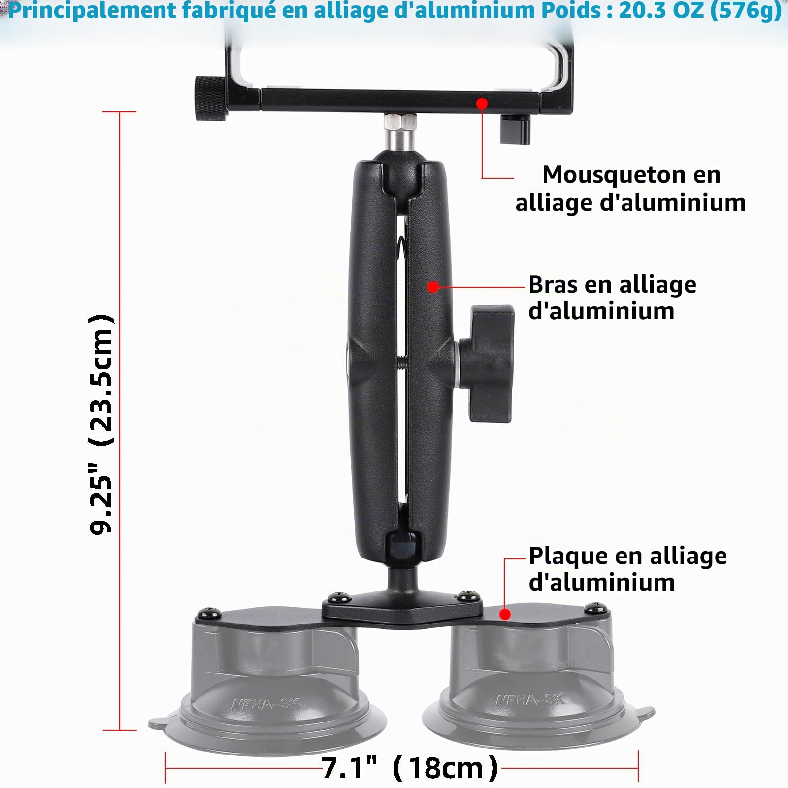 Support de Tablette en Aluminium avec Double Ventouse pour Pare-Brise de Voiture/Bateau, Support de Tablette Compatible avec iPad Air 13" M2 (2024), iPad Pro 12,9" et Autres tablettes de 4,7 à 15",