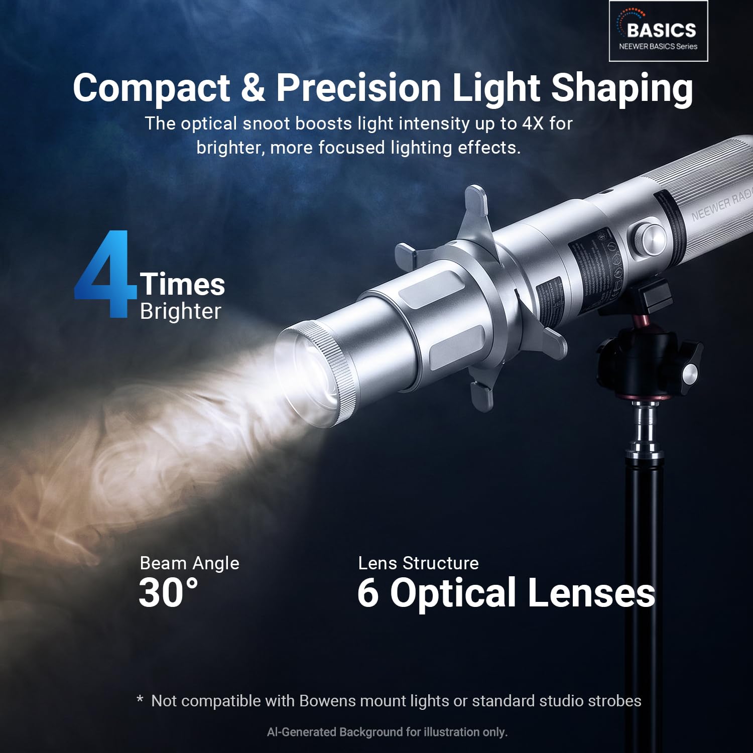 NEEWER BASICS Spotlight Snoot Óptico Cónico Solo para Linterna Fotográfica FL10/FL20/FL10P, Accesorio de Proyector 4 Veces Más Brillante con Enfoque Ajustable, 30° Ángulo Haz, 20 Gobos Metálicos, LS01