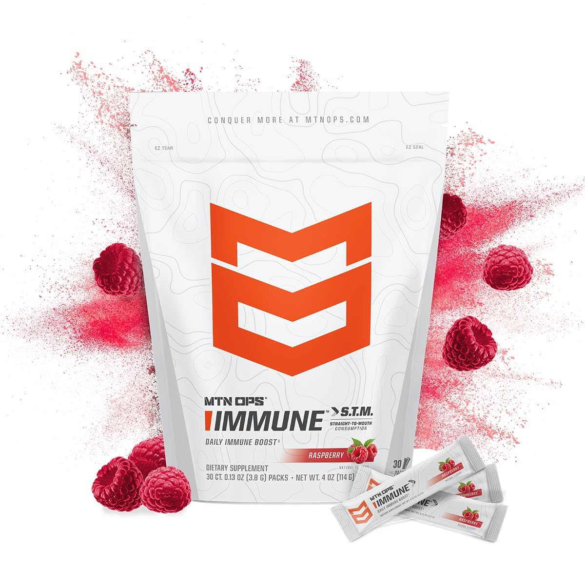 MTN OPS Immune STM Powder Drink Mix, Vitamin C, Vitamin D, Zinc & Antioxidants for Daily Immune Support, Hydration & Wellness, 30 Servings, Raspberry Flavor