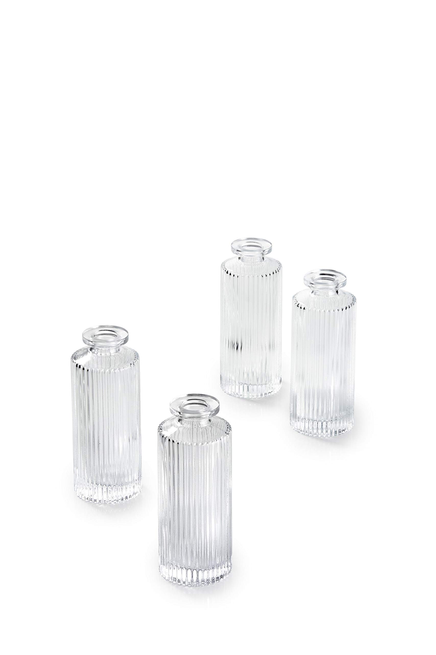 Serene Spaces Living Set of 4 Clear Pleated Bud Vase, Vases for Centerpieces for Home Decor, Events, Weddings, Parties, Measures 5.25" Tall and 2" Diameter
