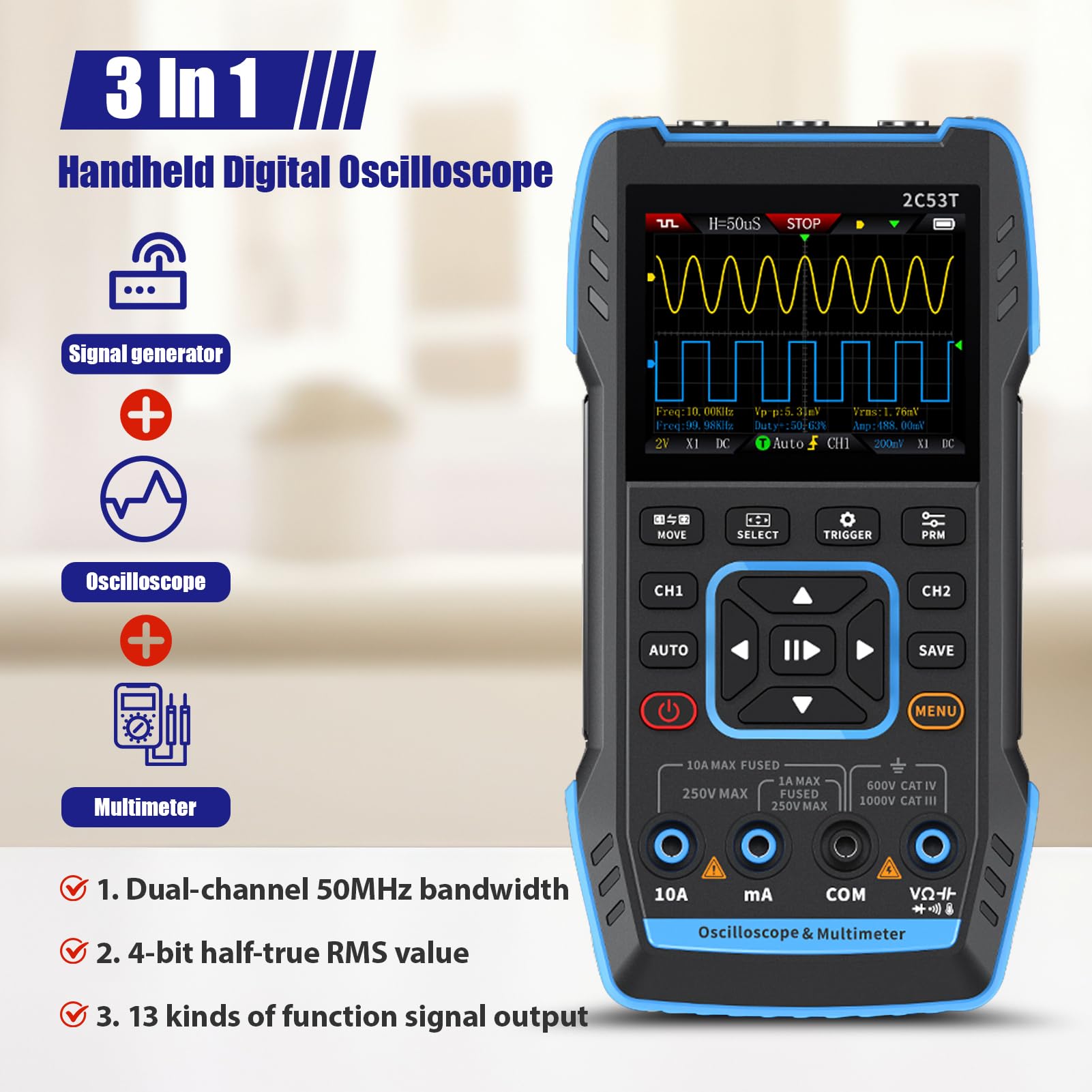 Oszilloskop Multimeter,3-In-1 Digital Oszilloskop Signal Generator | 2-kanal Zweikanal 50mhz Bandbreite, Multimeter Mit Oszilloskop Mit 250ms/S Abtastrate, 19999 ZäHlungen