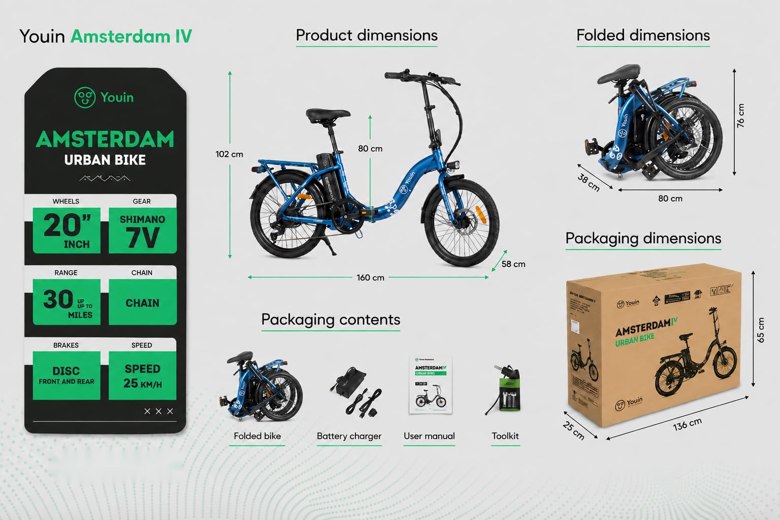 Youin Amsterdam Bicicleta Eléctrica Plegable 20" | Motor Trasero 250W 40Nm, Batería Extraíble 281Wh, Hasta 45 km de Autonomía, 7 Velocidades, Frenos de Disco