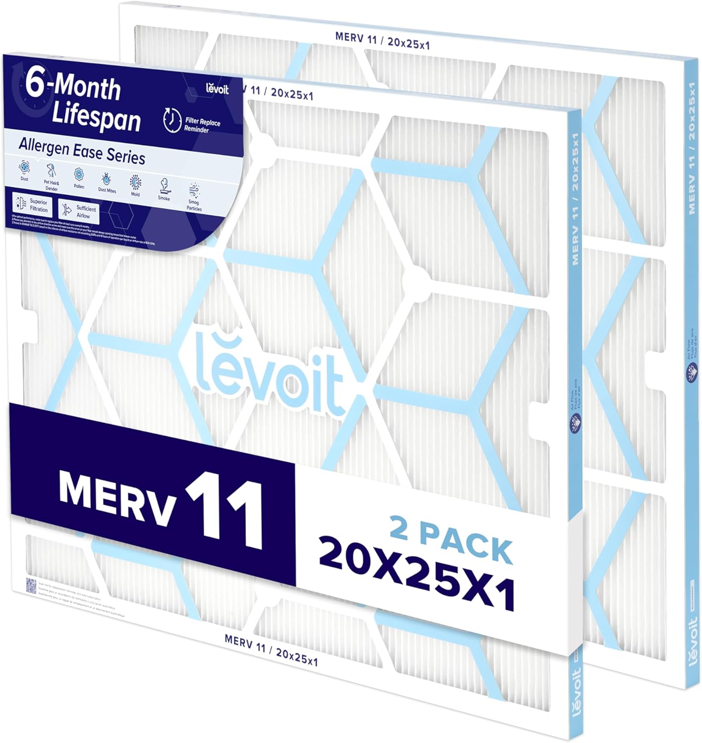 LEVOIT 20x25x1 Air Filter MERV 11, 6-Month Pleated Furnace Filters for Home AC HVAC, High-Efficiency Allergen Defense for Pet, Dust and Smoke, 2 Pack (Actual Size 19.69×24.69×0.79 inches)