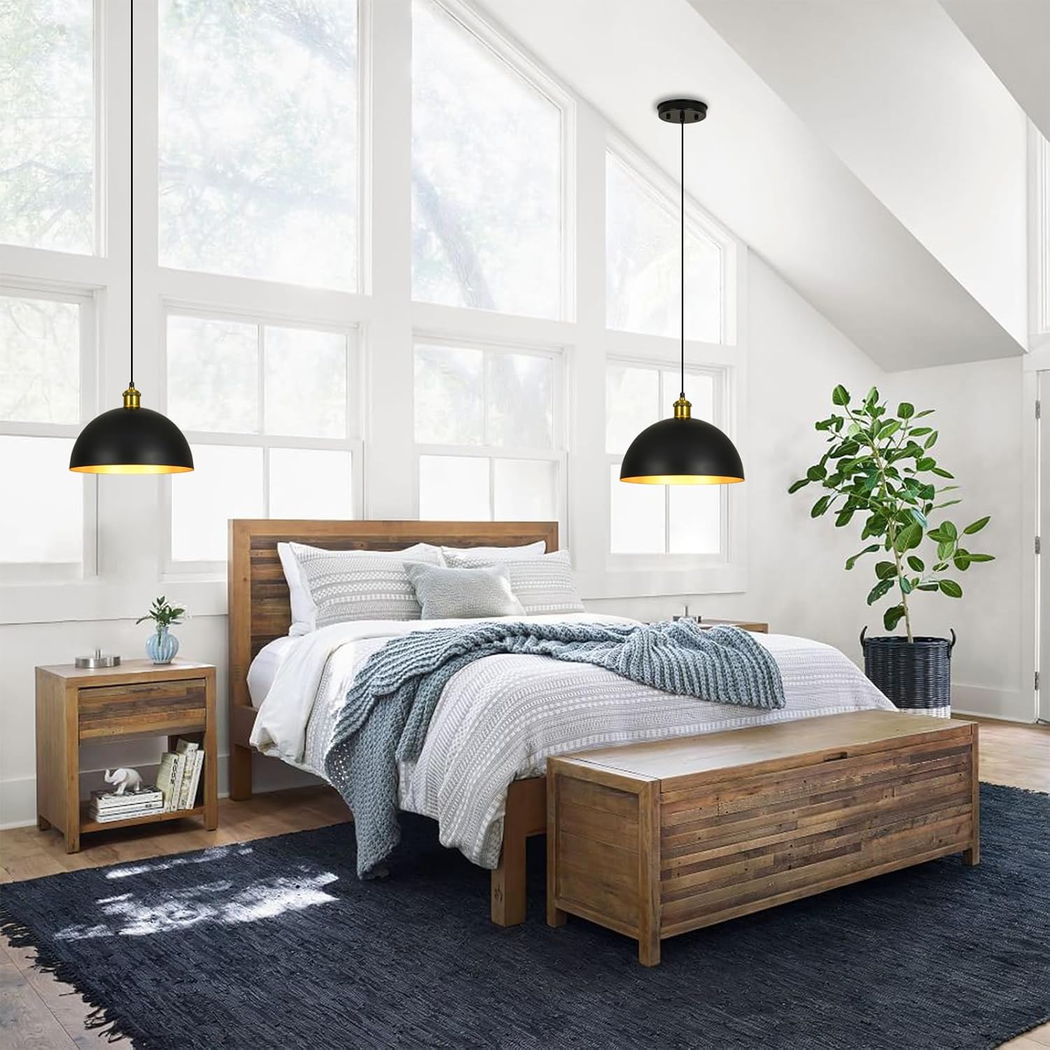 Pendant Lights Kitchen Island - 12-Inch Farmhouse Dome Hanging Light Fixture, Black and Gold Industrial Ceiling Light Adjustable Kitchen Pendant Lighting for Dining Room, Bedroom, Living Rooms