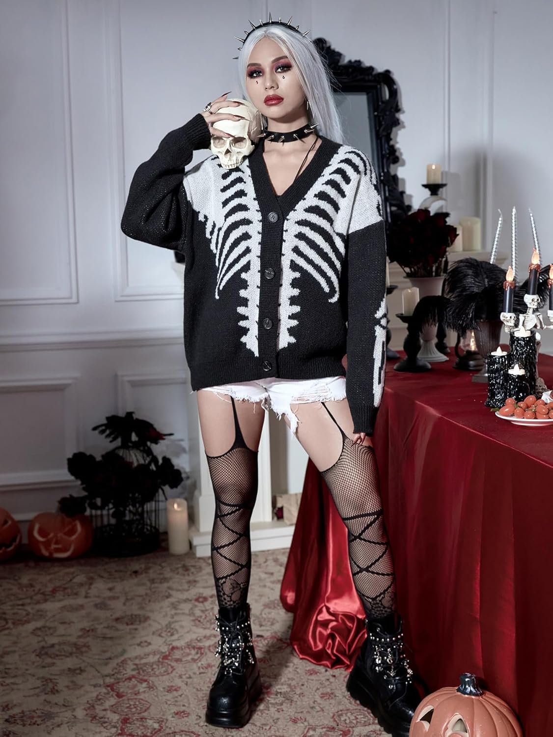 SHENHE Women's Star Print Button Down V Neck Goth Drop Shoulder Cardigan Sweater - Image 5