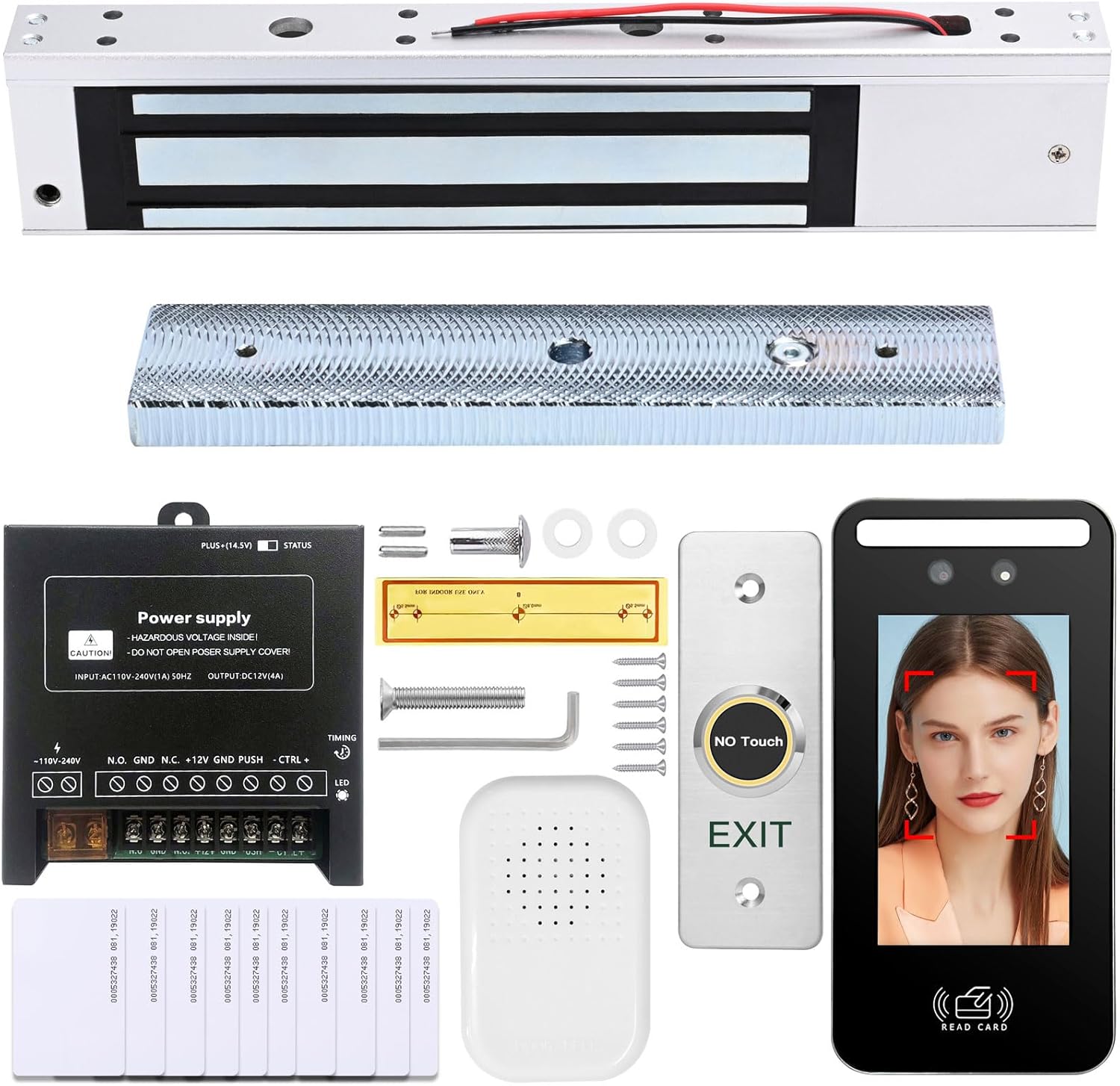 Facial Recognition Access Control System Kit w/5" Screen & 1.3MP Camera, 600lbs Magnetic Lock, Keypad/RFID Entry, AC110V-DC12V Power & Infrared Switch for Home/Business (J60-600LBS Face ID Kit)