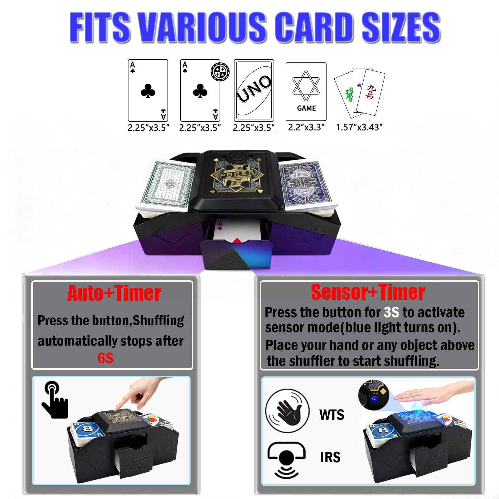 Mischia Carte Automatico Induttiva, Mescolatore Automatico di Carte 1-2 Mazzi, Card Shuffler Funzionamento a USB/Batteria, Mescolatore Elettrico da Poker per Uno, Skip-Bo, Phase 10, Blackjack