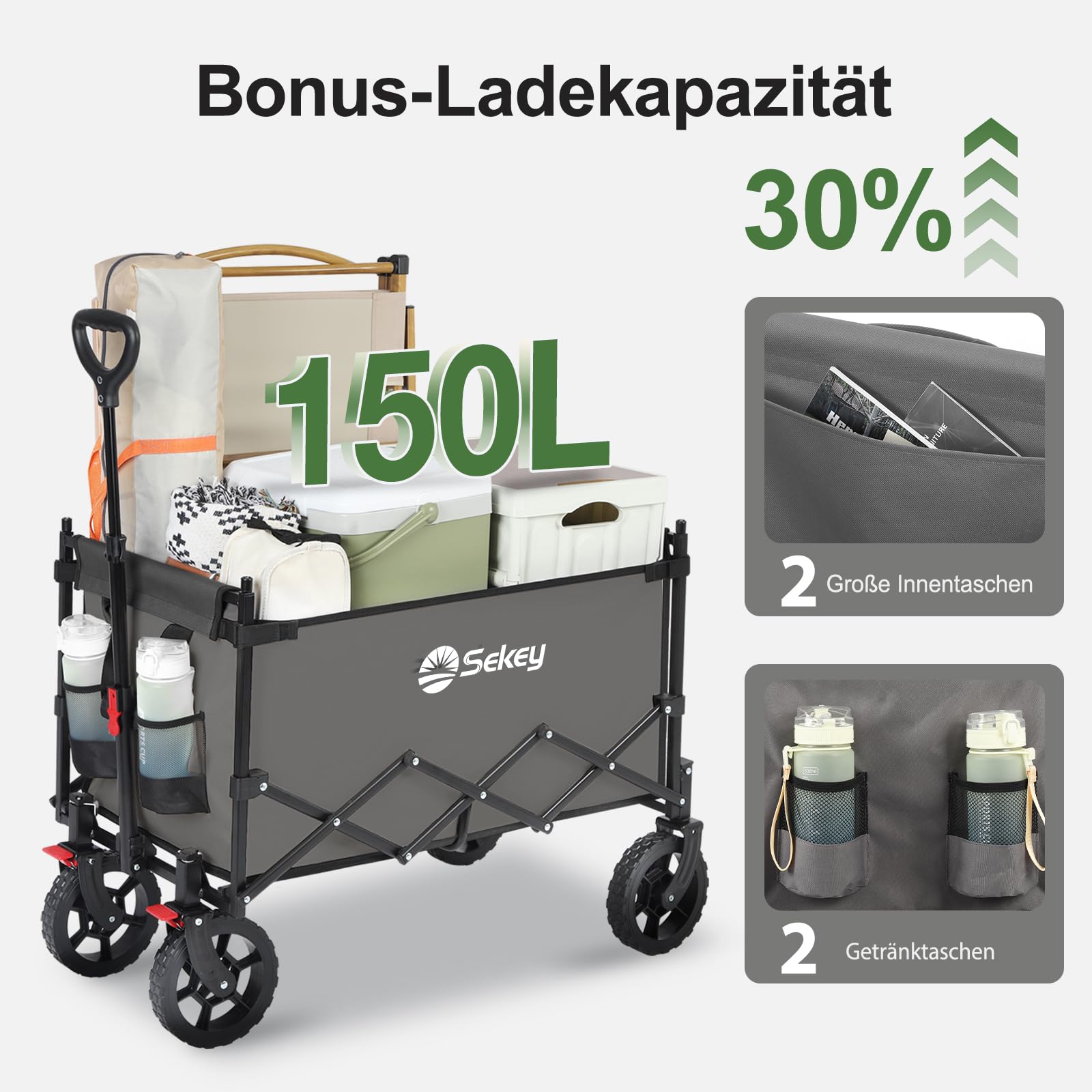 Sekey XXL Bollerwagen Faltbar Kinder 150L 150KG, Faltbarer Bollerwagen mit Dach Klappbarer Handwagen mit Sonnenschutz für Ausflug Strand Camping, S4018, Grau