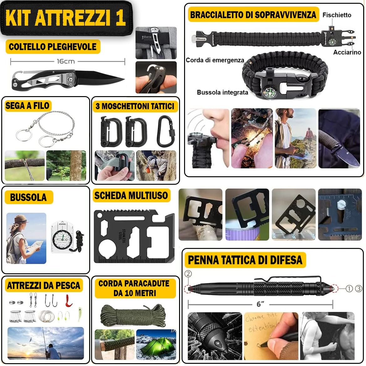 Kit di Sopravvivenza Avanzato – Kit di Emergenza con 20 Strumenti Multifunzione e Più di 60 Articoli di Primo Soccorso – Estremamente Completo – Pratico - Leggero