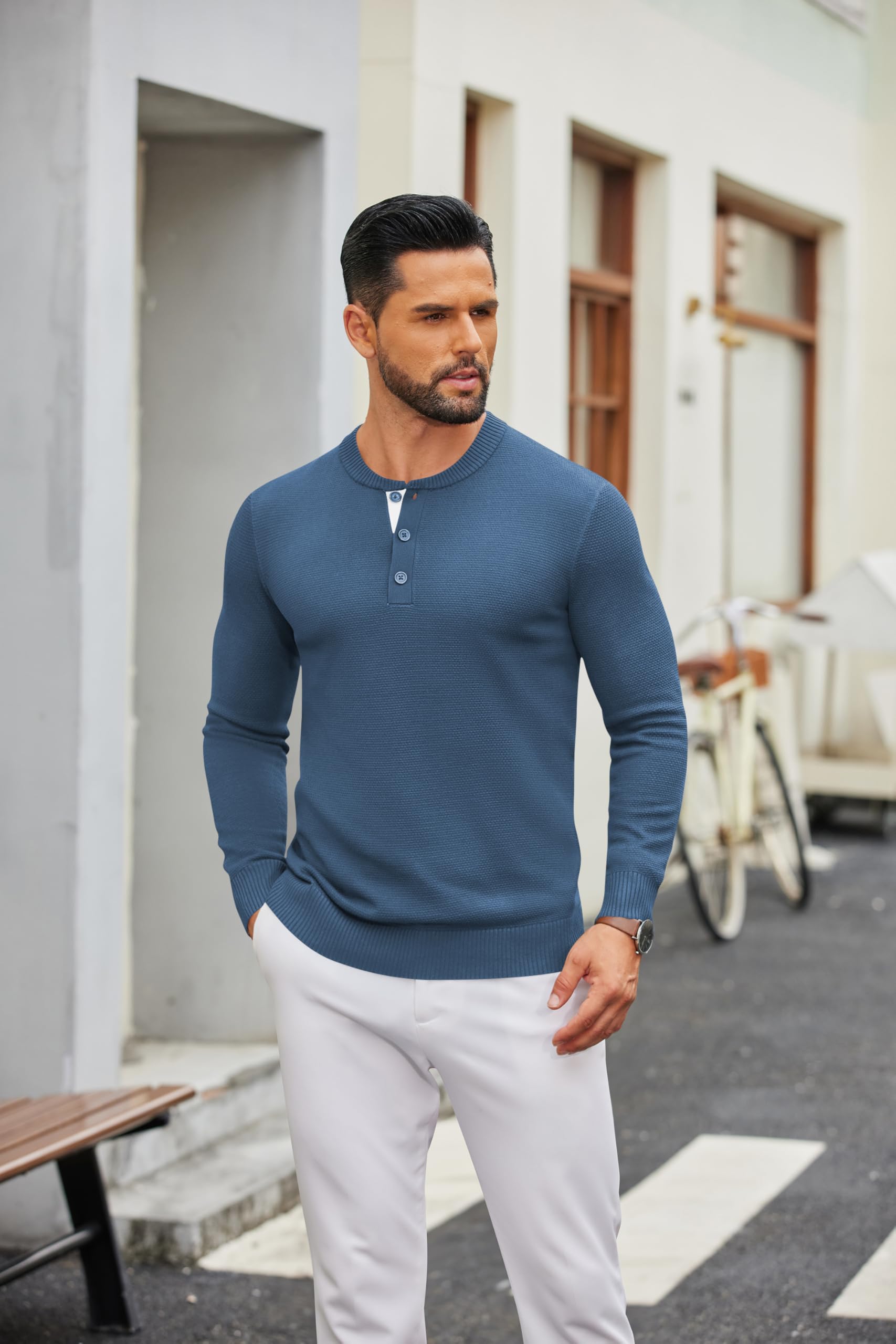 COOFANDY Maglioni da Uomo a Maniche Lunghe Maglione Henley Casual Henley T-Shirt Leggero con Collo Rotondo Knitted Sweaters