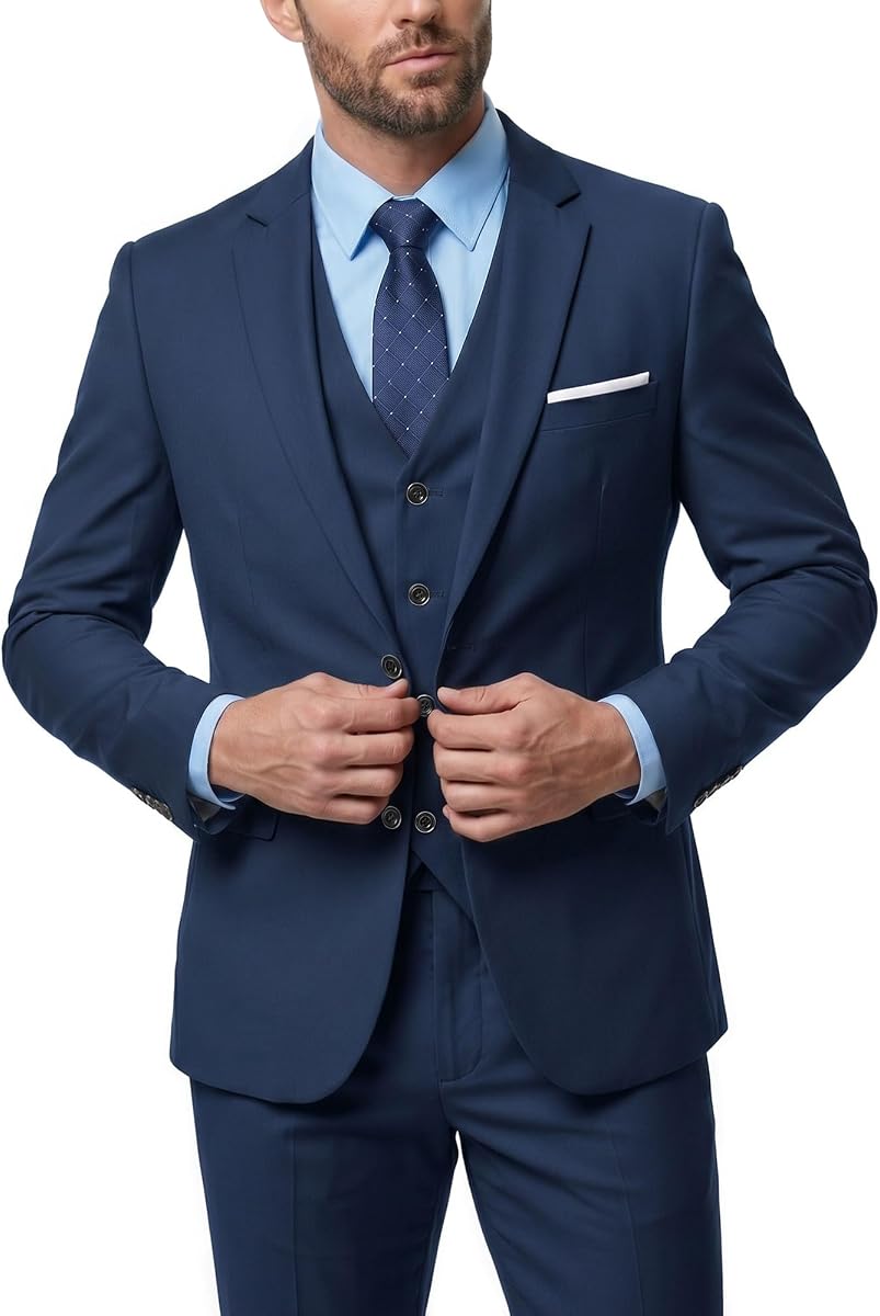Hihawk Men's 3 Piece Suit with Tie, 2 Button Slim Fit Solid Blazer Jacket Vest Pants, Business Wedding Party Suits for Men