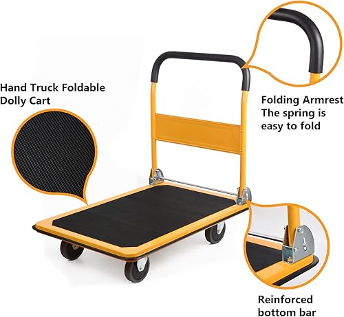 Miniatura 10 de LEADALLWAY Carro plegable con plataforma para empujar, capacidad de 330 libras, 4 ruedas, 28.7 x 18.5 x 32.3 pulgadas, amarillo, pequeño carrito de