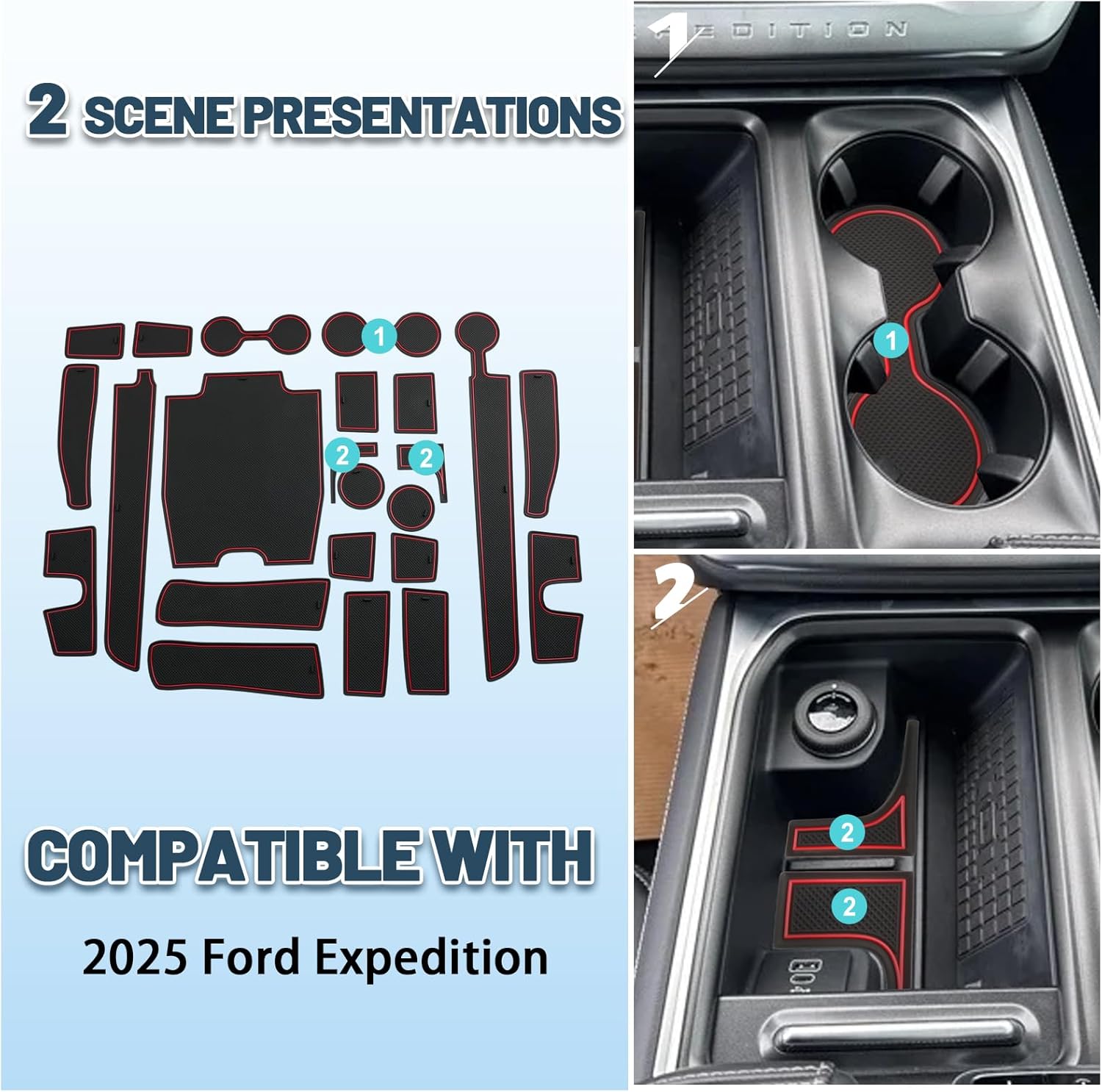 2025 Expedition Door Slot Mats,for Ford 2025 Expedition Accessories Anti-Slip Rubber Mats Center Console Liner Compatible with 2025 Ford Expedition Active/Tremor/King Ranch/Platinum(23PCS/Sets)