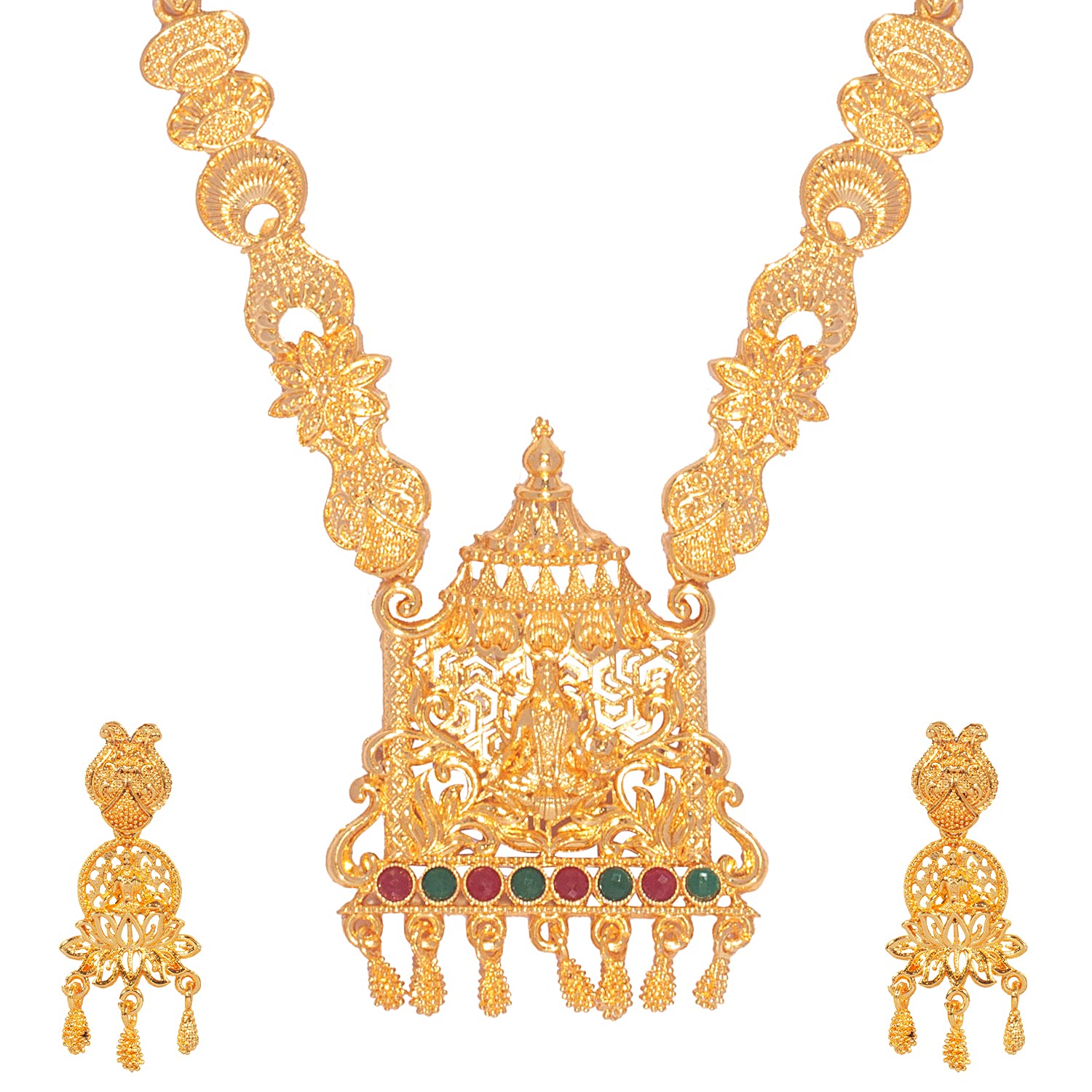 bodhaTraditional Indian Gold Plated Godess Lakshmi Temple Jewelry Designer Stylish Long Bridal Jewelry Necklace Set for Women (SJ_2972), Copper Alloy, Cubic Zirconia