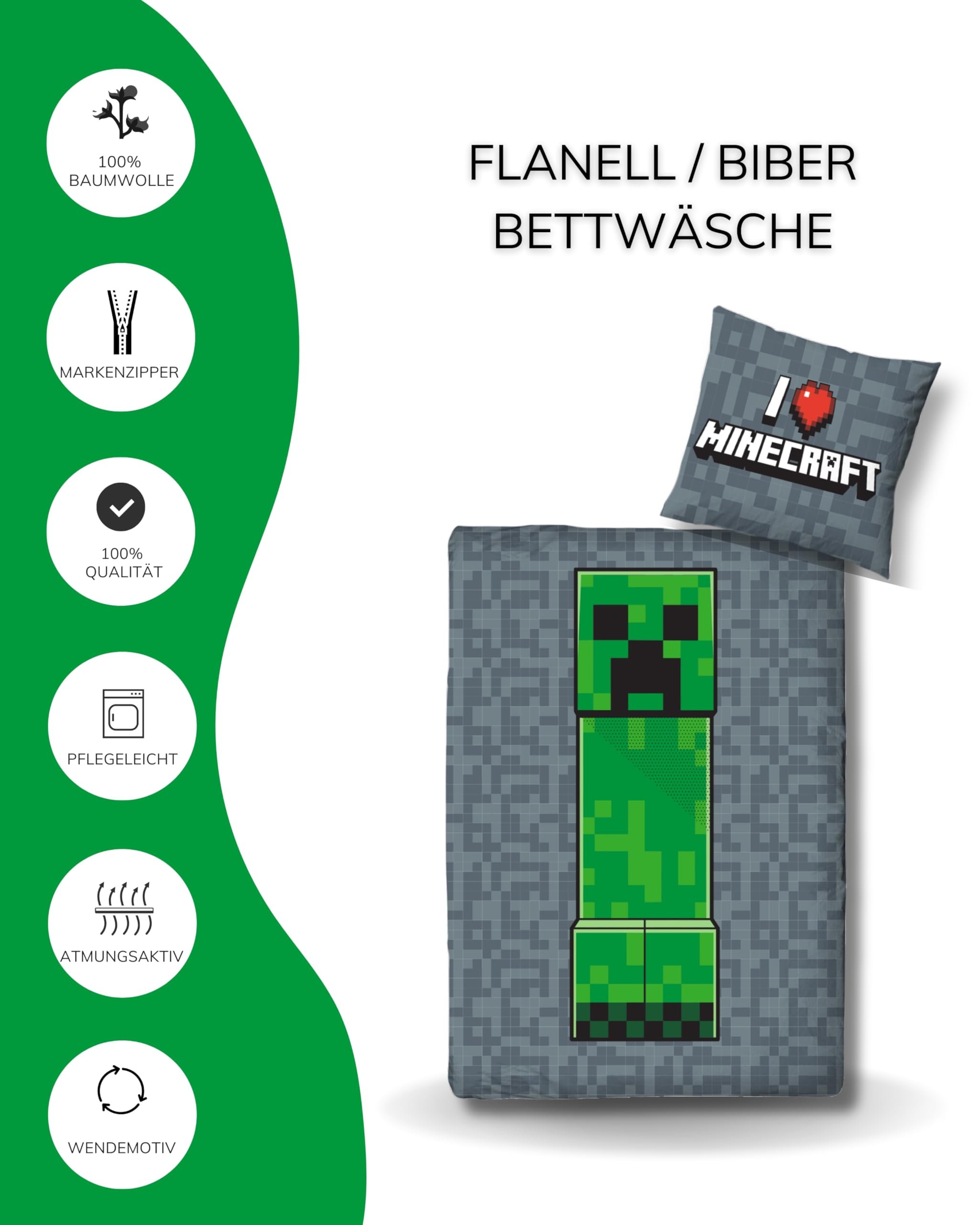 Bettwäsche 135x200 Flanell, Biber, Minecraft, kuschelig weich für Winter, 1x Kissenbezug 80x80 + Bettbezug 135x200, 100% Baumwolle, Kinderbettwäsche Gaming