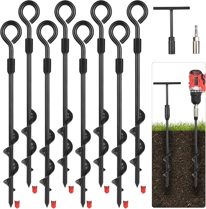 14英寸螺纹地锚套装（4件） 适用于蹦床、房车、棚屋、秋千、车棚、帐篷等