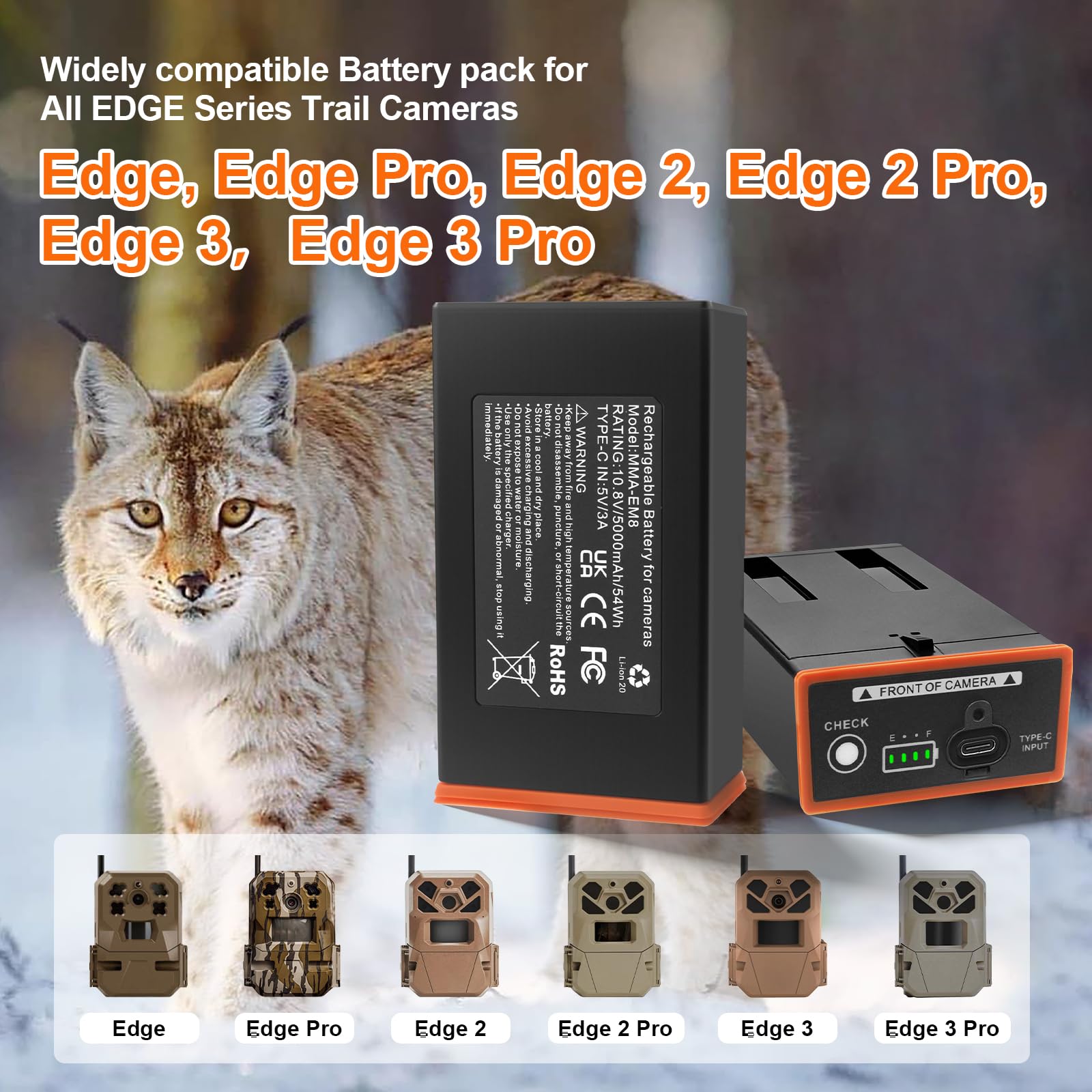 Lot de 2 Piles MMA-EM8 Batteria per Moultrie Edge, Edge Pro, Edge 2 10.8V | Compatibile con Edge 2 Pro，cavo di tipo C incluso, ricaricabile, protezione integrata. Adatto all'uso all'aperto.