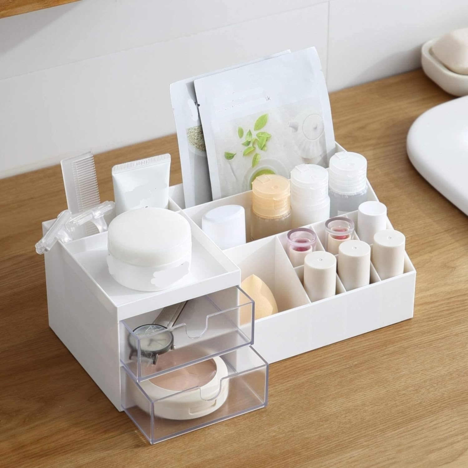Biurko Organizator Przechowywanie Na Biurku Kosmetyki Do Makijażu Vanity Organizer Box Artykuły Biurowe Blat Łazienkowy Biuro(White)