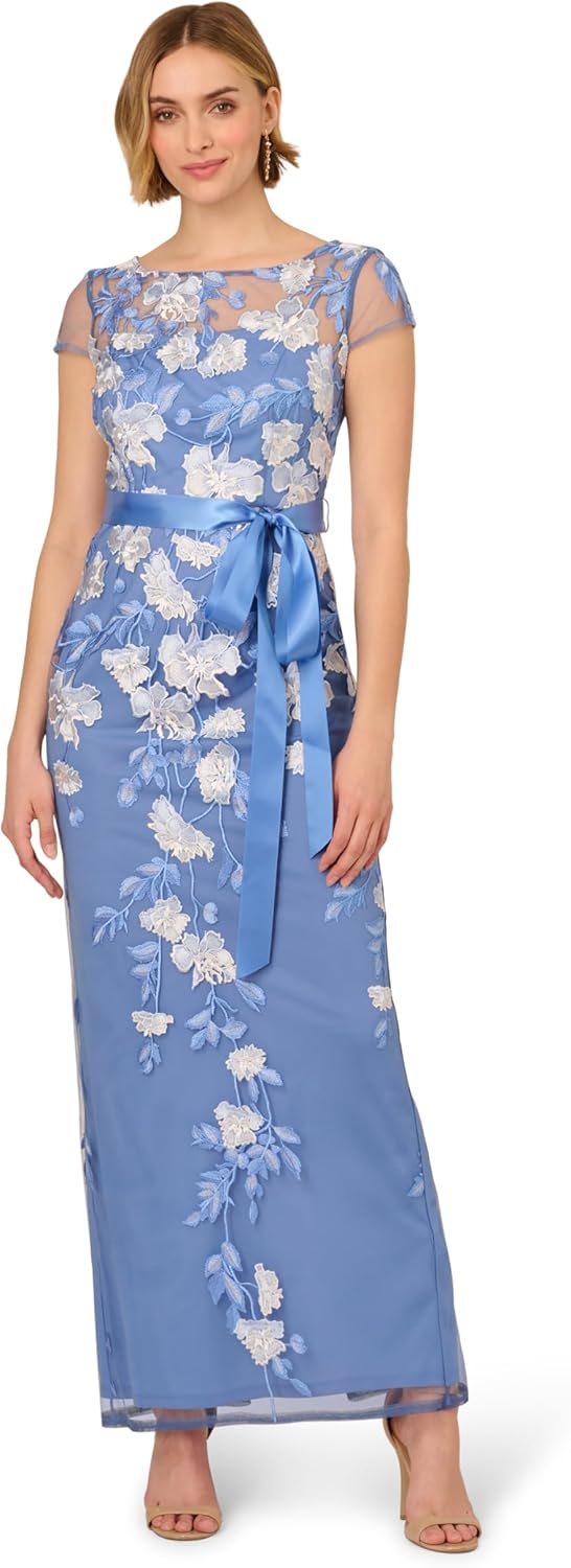 Adrianna Papell Women's Cascading Floral Colmn Gwn, French Blue Multi, 14