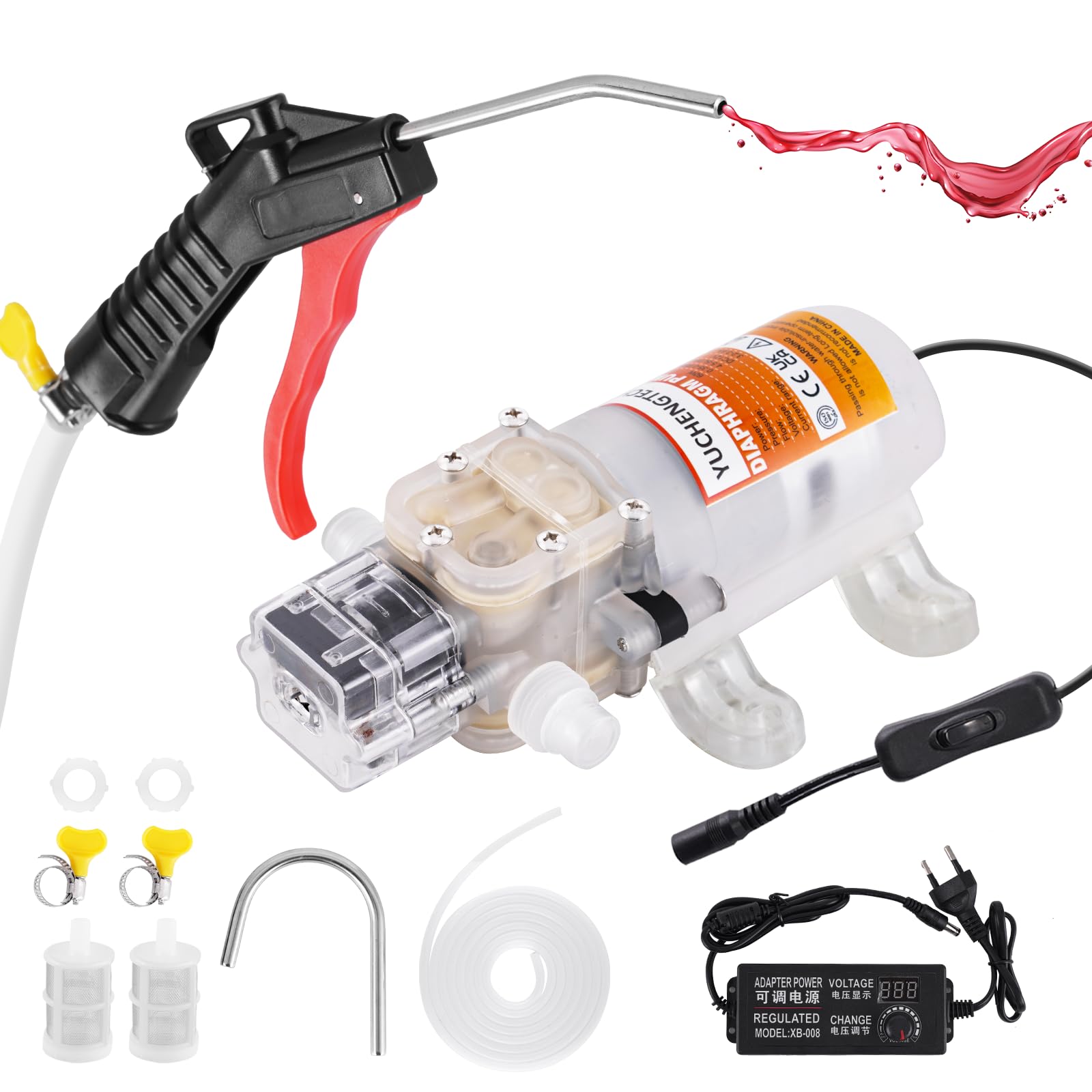 YUCHENGTECH Pompa elettrica per il trasferimento del vino con controllo del flusso e avvio automatico, include pistola di riempimento liquido, tubo da 4 m e 2 filtri, a basso rumore, ideale per