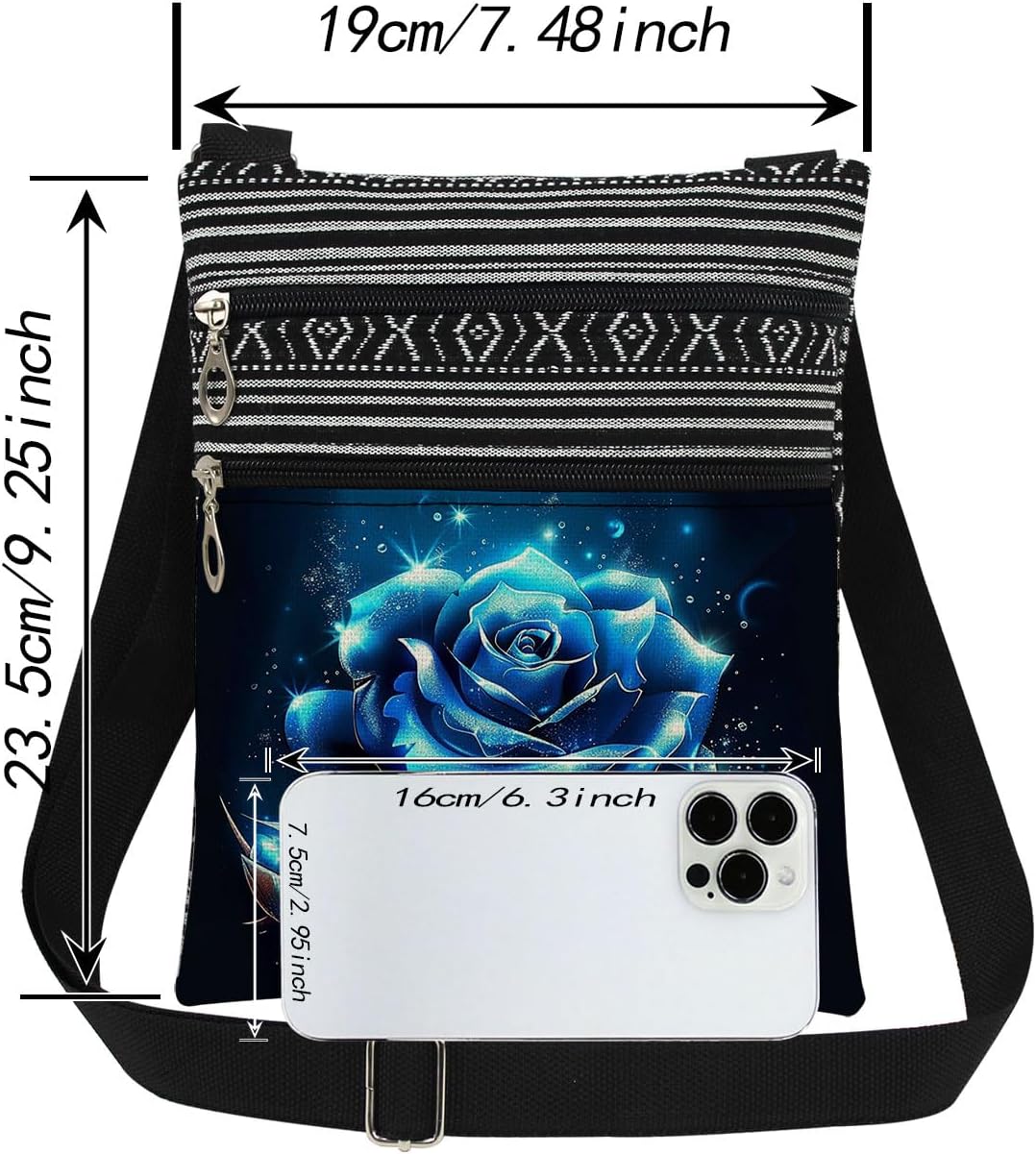 Blue Rose Crossbody Bag Blue Floral Starlight Print Adjustable Shoulder Strap Women Messenger Bag Women Valentine's Day Gift Travel Double-layered Crossbody Purse Birthday Gift for Her - Image 4