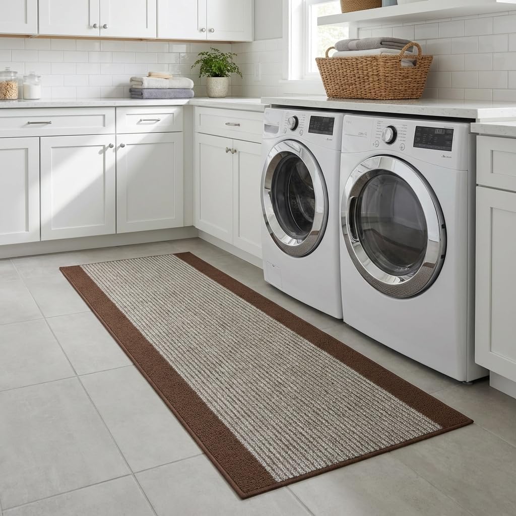 4 ft Kitchen Rug Runner Non Slip, Washable Brown Striped Laundry Room Mat, Rubber Backed Medium Profile Carpet for Sink Area (26 Inch x 4 ft)