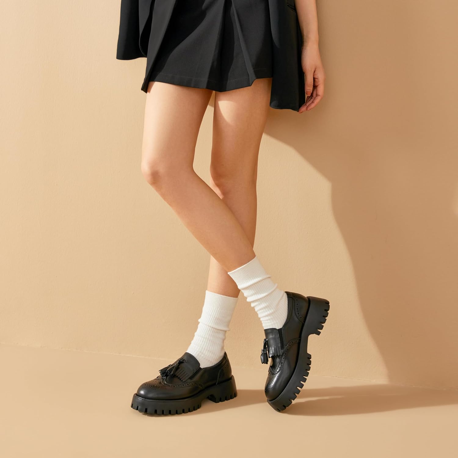 BEAU TODAY Chunky Loafers for Women, Women’s Leather Platform Loafers, Lug Sole Tassel Slip On Loafers Shoes Brogues Wingtip Casual Business Shoes Comfortable Dressy - Image 2